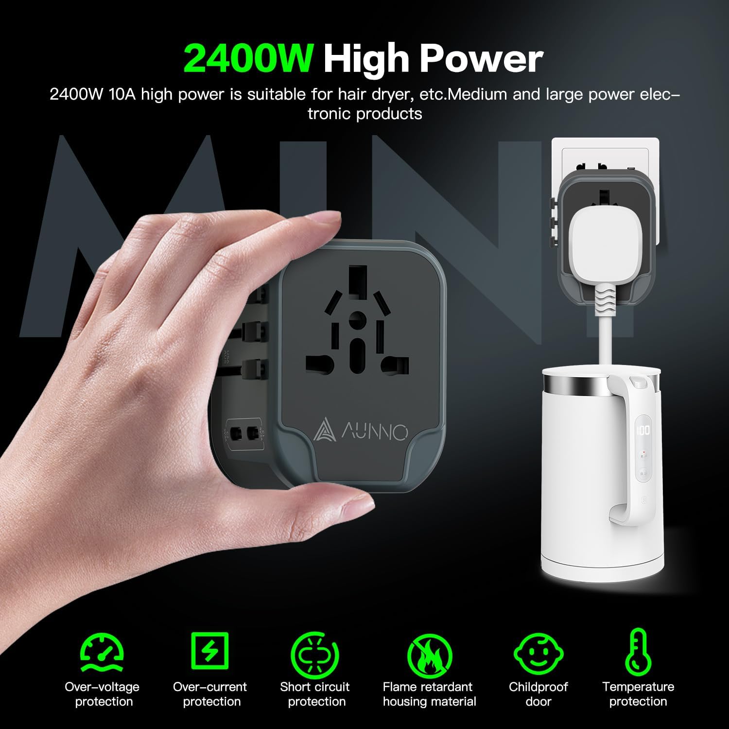Detalle de AUNNO Universal Travel Adapter with 2 USB-C and 2 USB ports 🔌