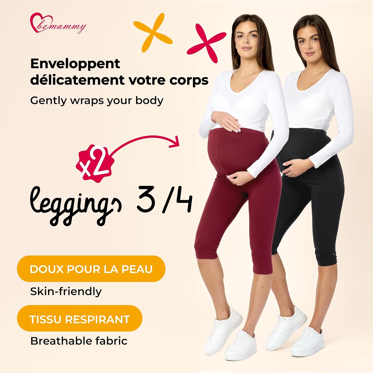 Detalle 2 de Be Mammy lot de 2 leggings de maternité en coton 3/4 confortables et opaques (cint. haute, UE)