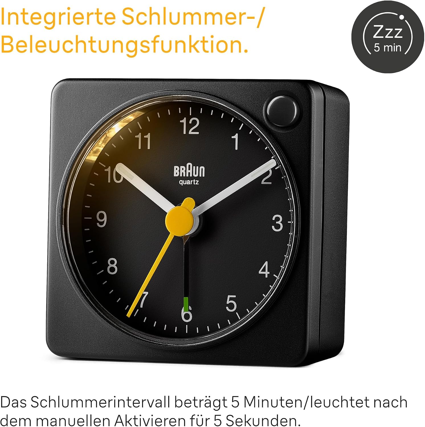 Detalle de Braun BC02XB: Klassischer analoger Reisewecker mit Schlummerfunktion und Licht