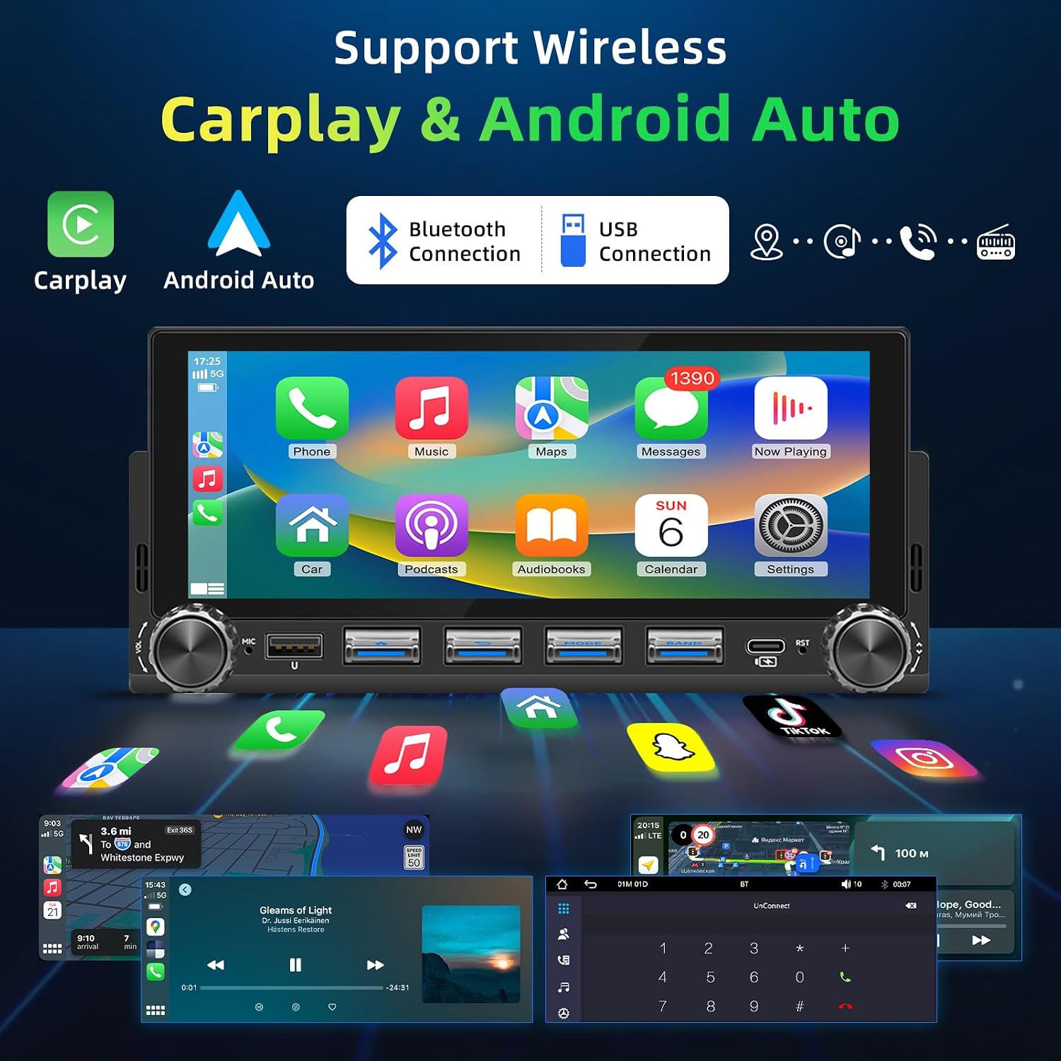 Thumbnail 1 de Autoradio 1 DIN con Schermo Wireless CarPlay & Android Auto – 6,86" HD Touch, Telecamera Retromarcia