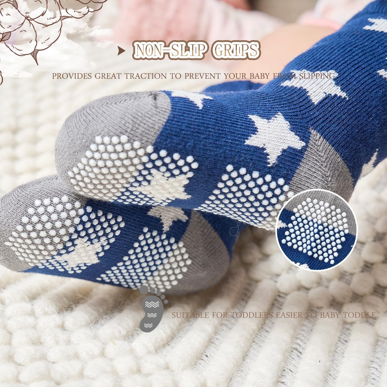 Thumbnail 2 de Aisyee 6 Paar Stoppersocken für Baby Jungen aus Baumwolle – rutschfest für die ersten Schritte