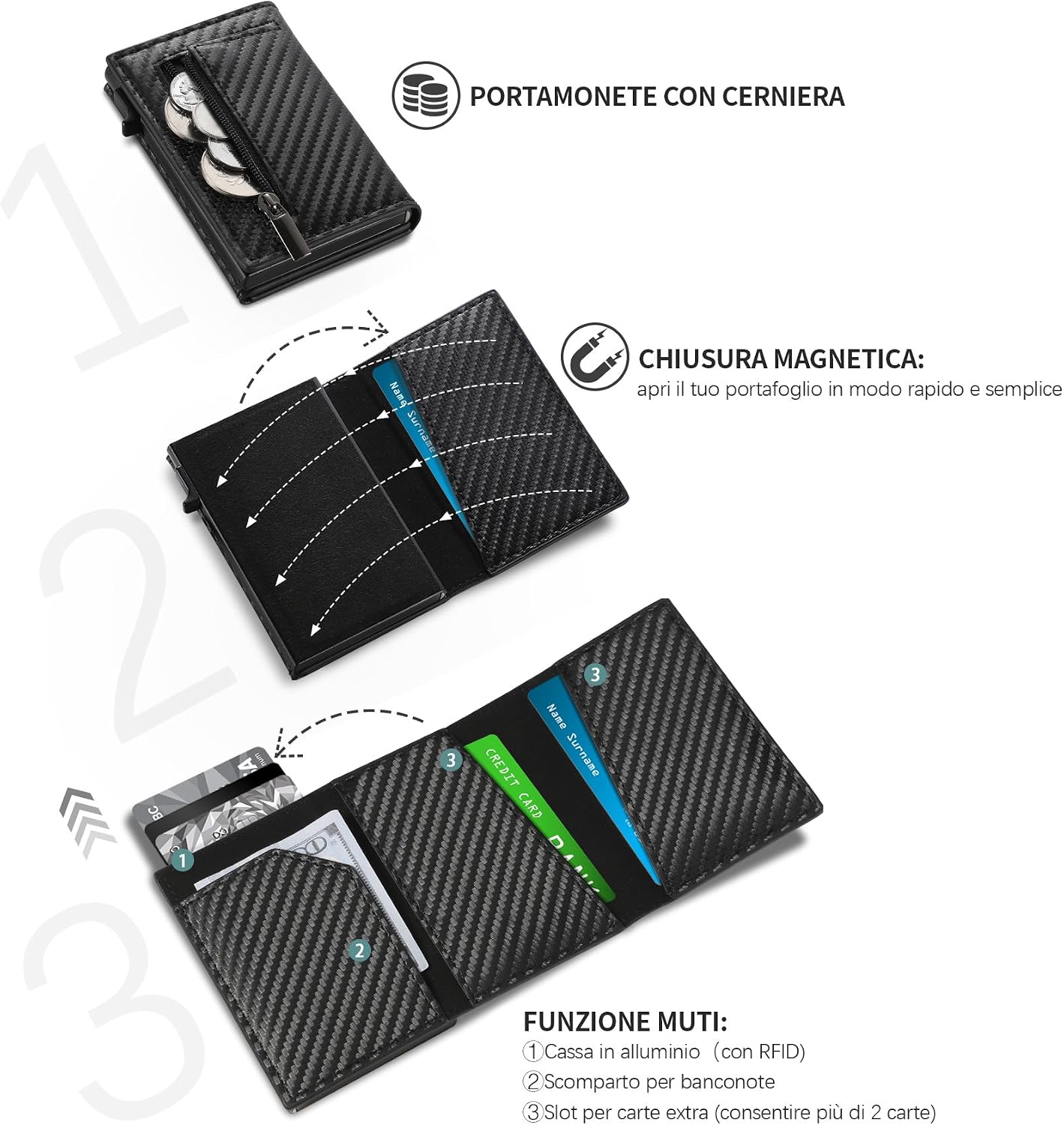 Detalle 2 de TENBST Portafoglio Slim con RFID Anticlonazione e Portamonete – Carbon Nero