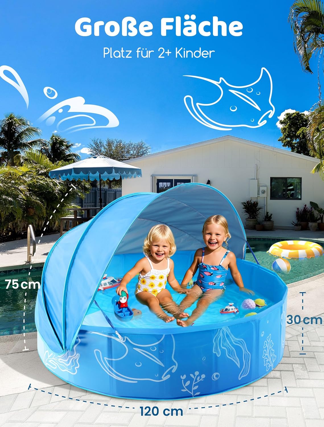 Thumbnail 1 de Hikiddy Planschbecken mit Sonnendach (Pop-Up Splash Pool) in Blau – 120 cm