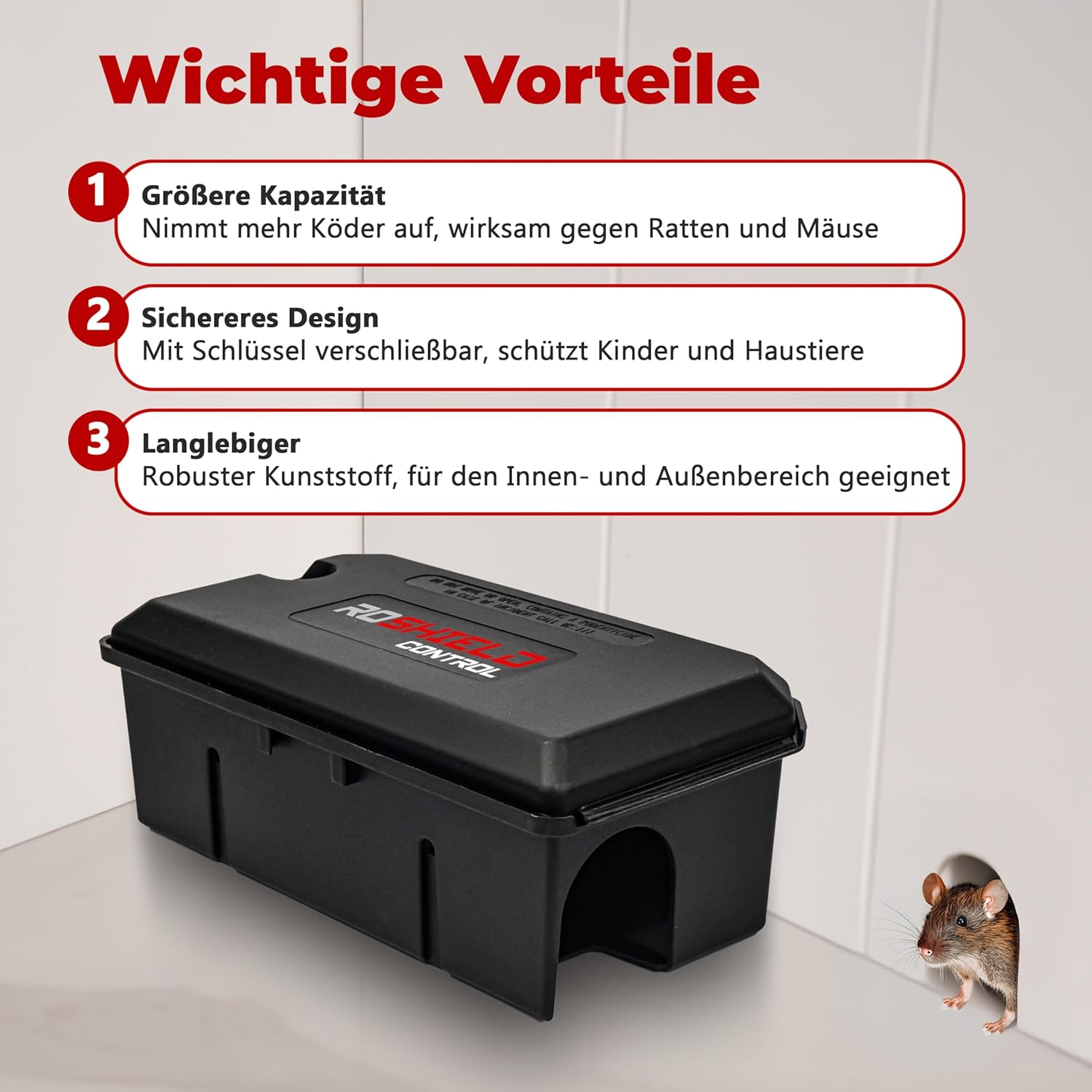 Detalle de ROSHIELD PRO Box: 2 Köderboxen und Fallen für Mäuse und Ratten – wetterfest, abschließbar
