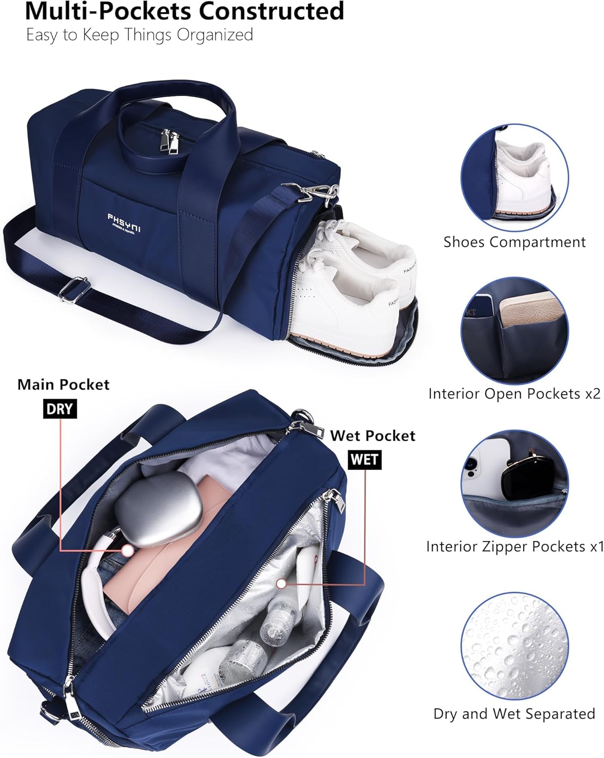 Detalle de PHSYNI Small Gym Bag for Girls & Women – 16-Inch Duffle with Shoe Compartment