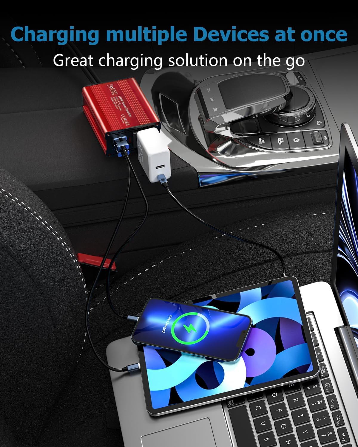 Detalle de FOVAL 150W Car Power Inverter: 12V DC to 110V AC with Dual USB and Compact Aluminum Build