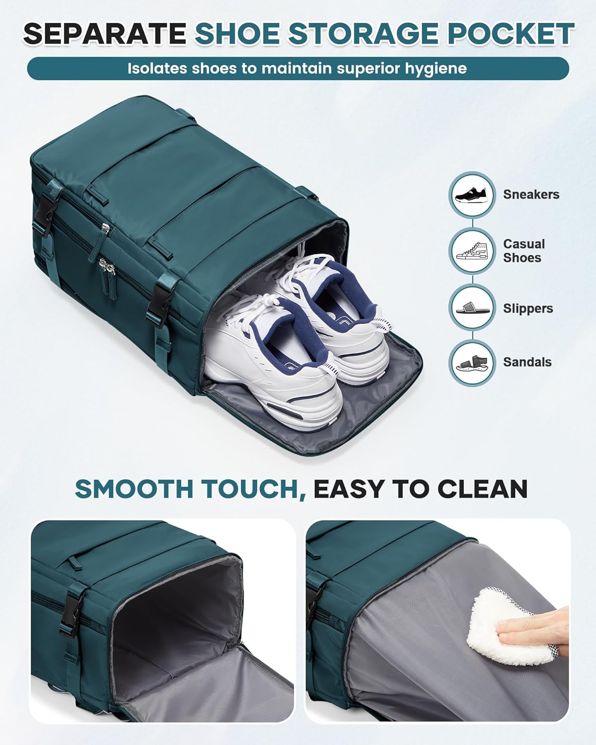 Detalle 2 de HPLQQ Mochila de cabina 40x30x20 para Ryanair (impermeable, apertura 180°, azul pavo real)