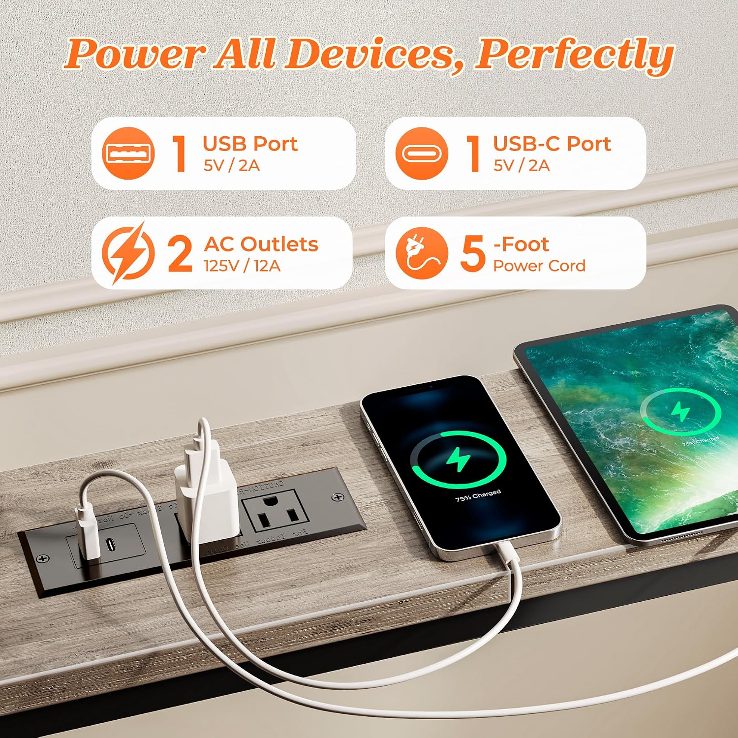 Thumbnail 3 de SUPERJARE 102.3 Inch Sofa Table with 2 Outlets and USB-C Ports — Narrow 5.9" Console with Storage, Oak
