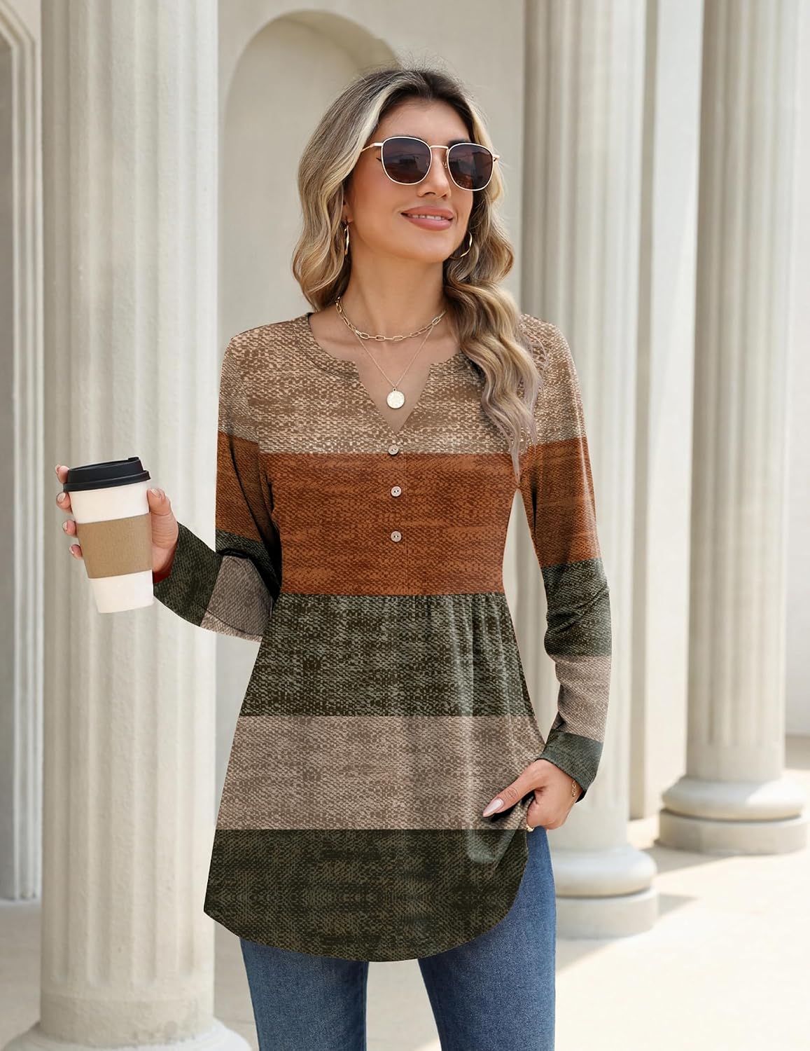 Thumbnail 3 de Zeagoo Women’s Long-Sleeve Henley Tunic with Pleats and V-Neck