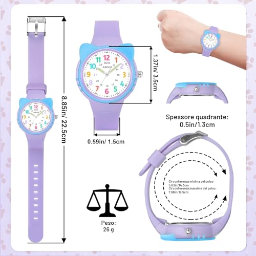 Detalle 2 de Juboos Orologio Analogico per Bambini e Bambine – Viola, Impermeabile 3 ATM, con Gatto