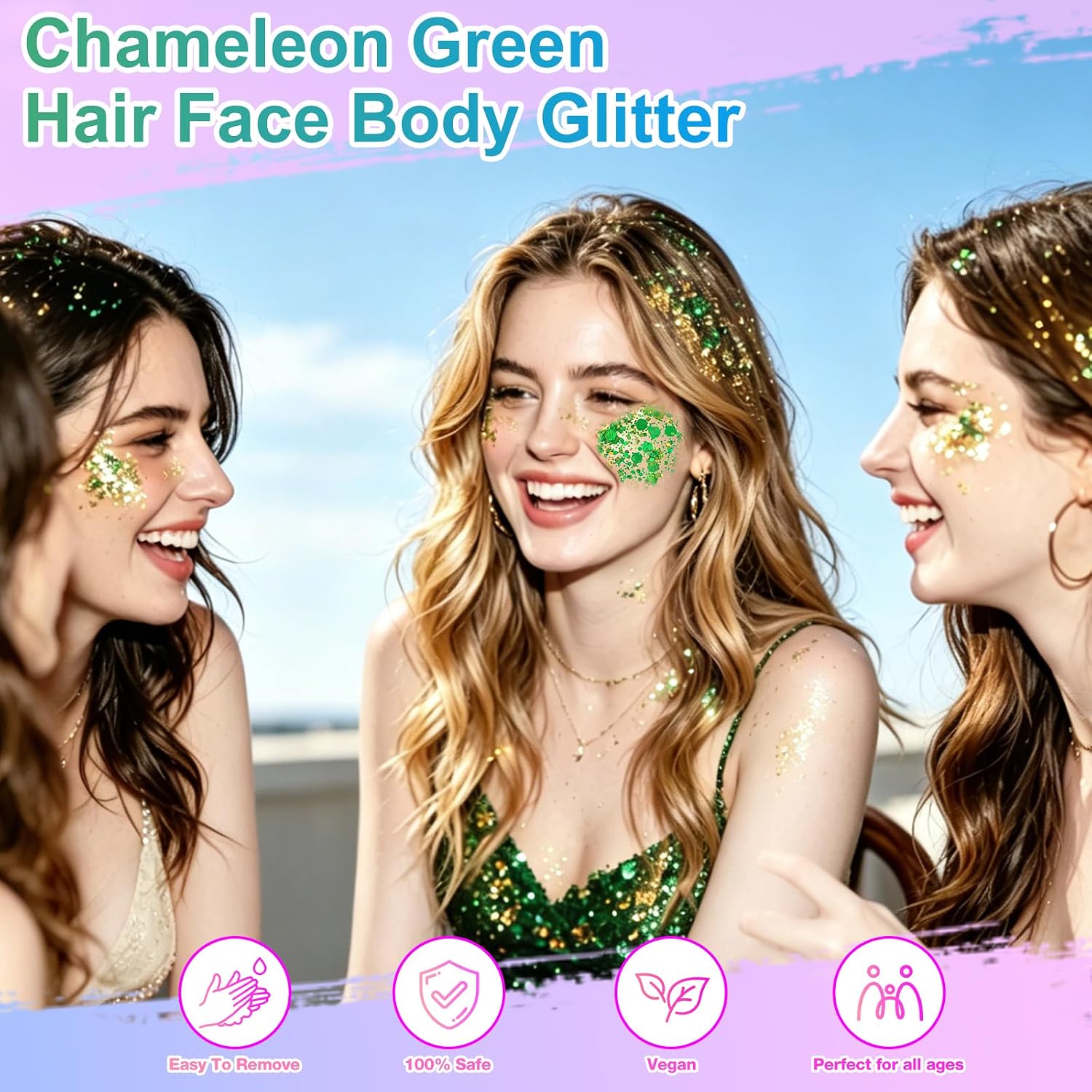 Detalle de Bwhrmt Green Body & Face Glitter Gel, 18 ml x 2, Self-Adhesive Holographic