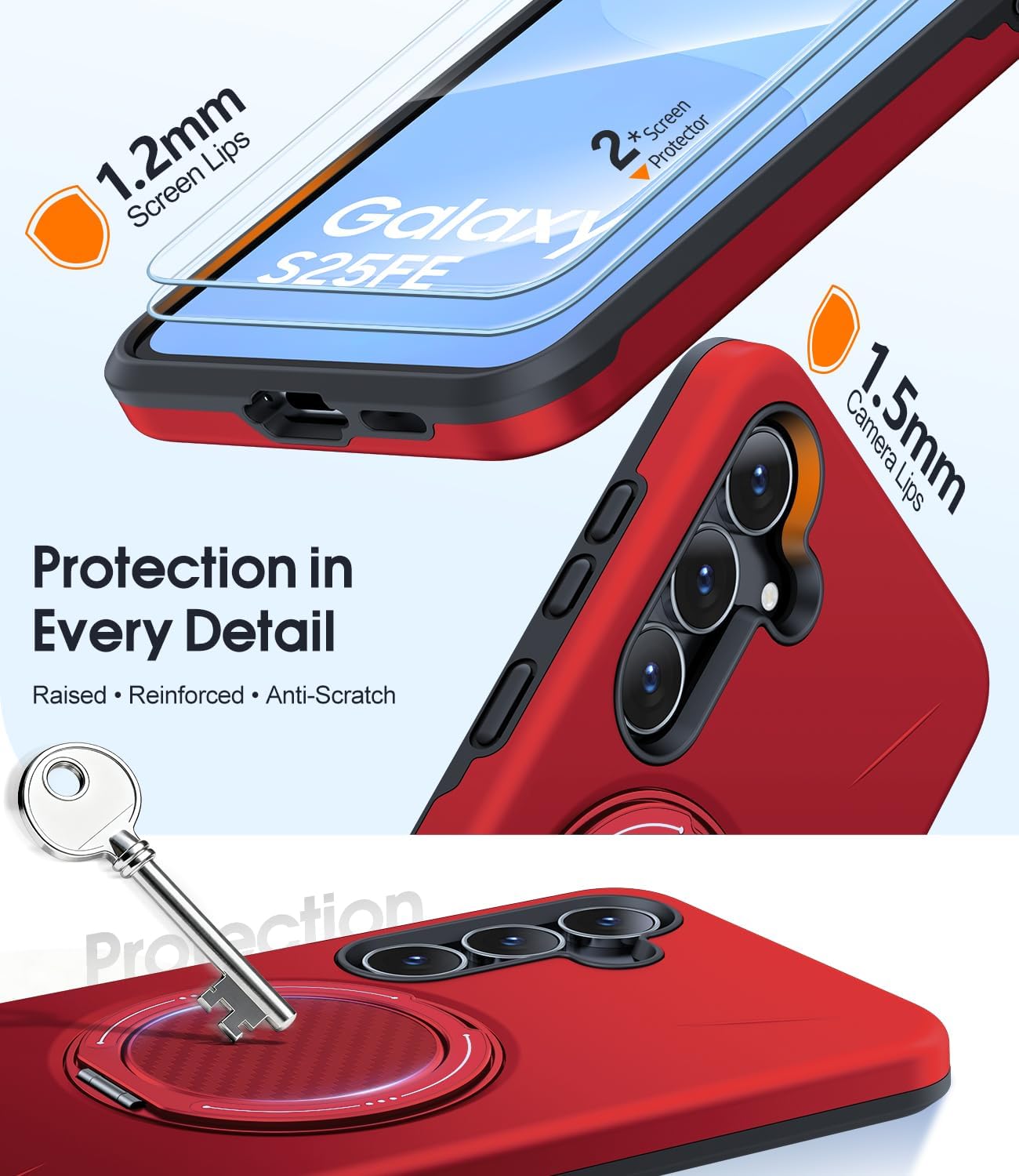 Thumbnail 3 de JAME Galaxy S25 FE Case with Ring Stand, Dual-Layer Protection, and Screen Protectors (Red)