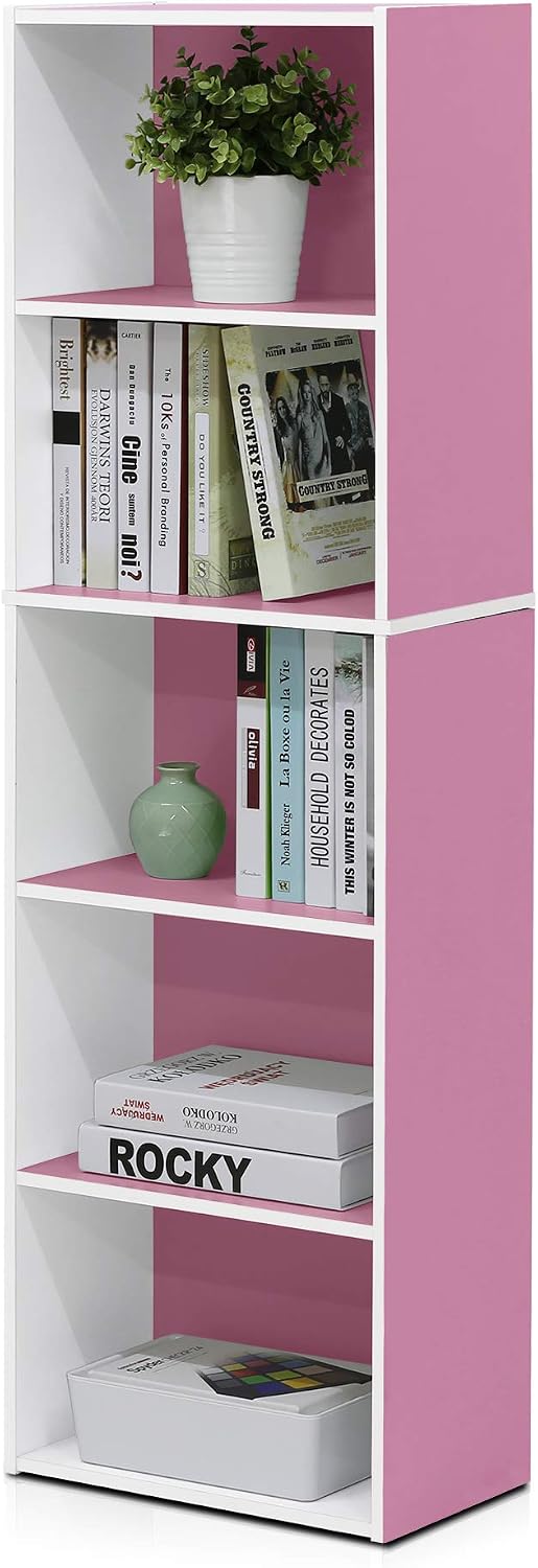 Detalle de Furinno 5-Tier Reversible Open Shelf, White/Pink