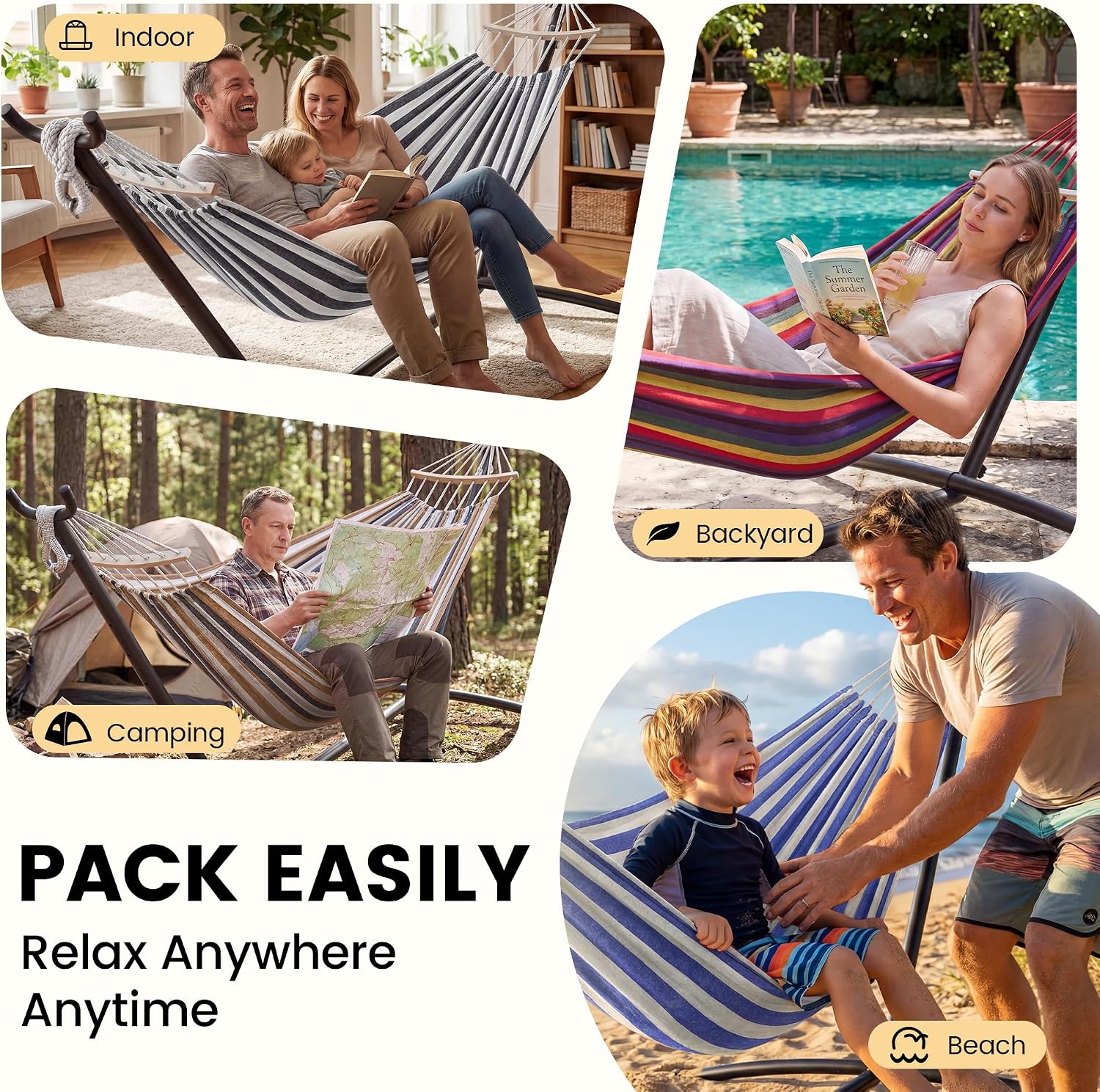 Detalle 2 de Everyfun DC Double Hammock with Stand, Rainbow Cotton, 600 lb Capacity