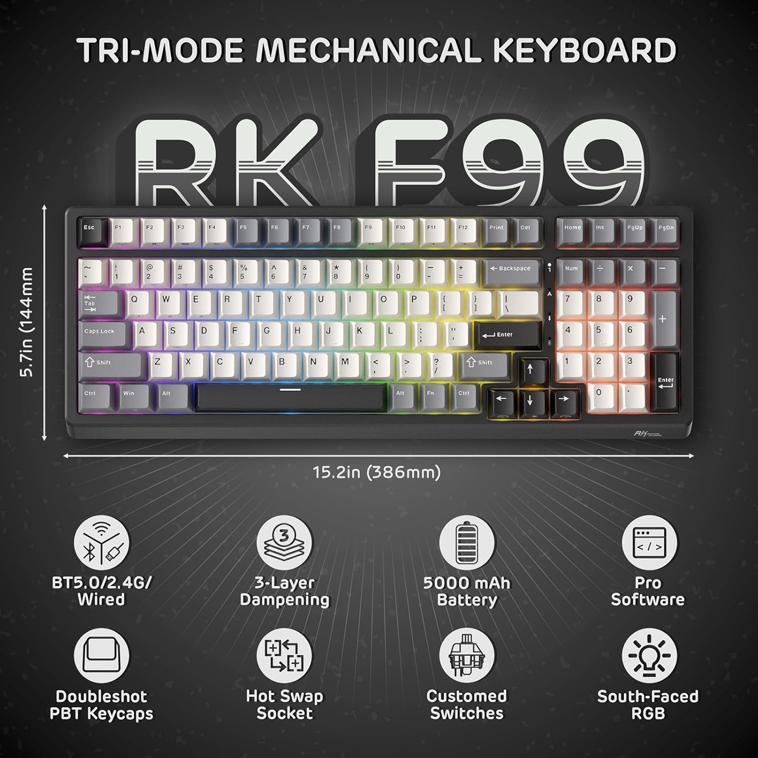 Thumbnail 1 de RK ROYAL KLUDGE F99 : clavier mécanique sans fil tri-mode 2,4 GHz / Bluetooth / USB-C avec pavé numérique et interrupteurs remplaçables à chaud
