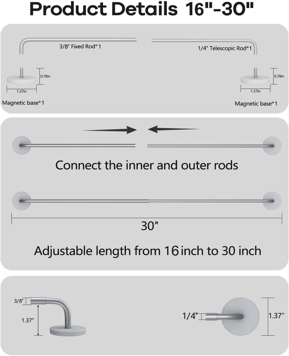 Detalle 2 de Rodzwin CTG Magnetic Curtain Rod, Adjustable 16–30 Inch Nickel Pole