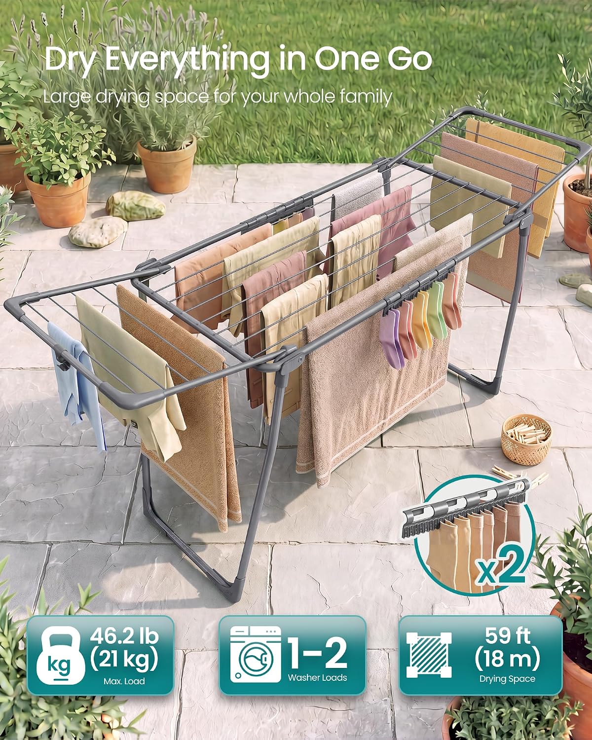 Detalle de SONGMICS LLR518G01 Winged Clothes Airer, 18 m Drying Space, Foldable