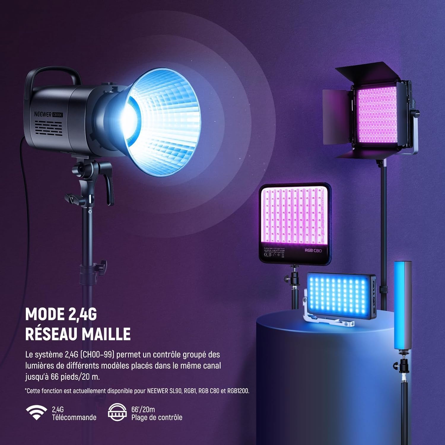 Detalle de NEEWER CB100C 130W RGB COB Bowens : projecteur vidéo continu avec contrôle 2,4G et application