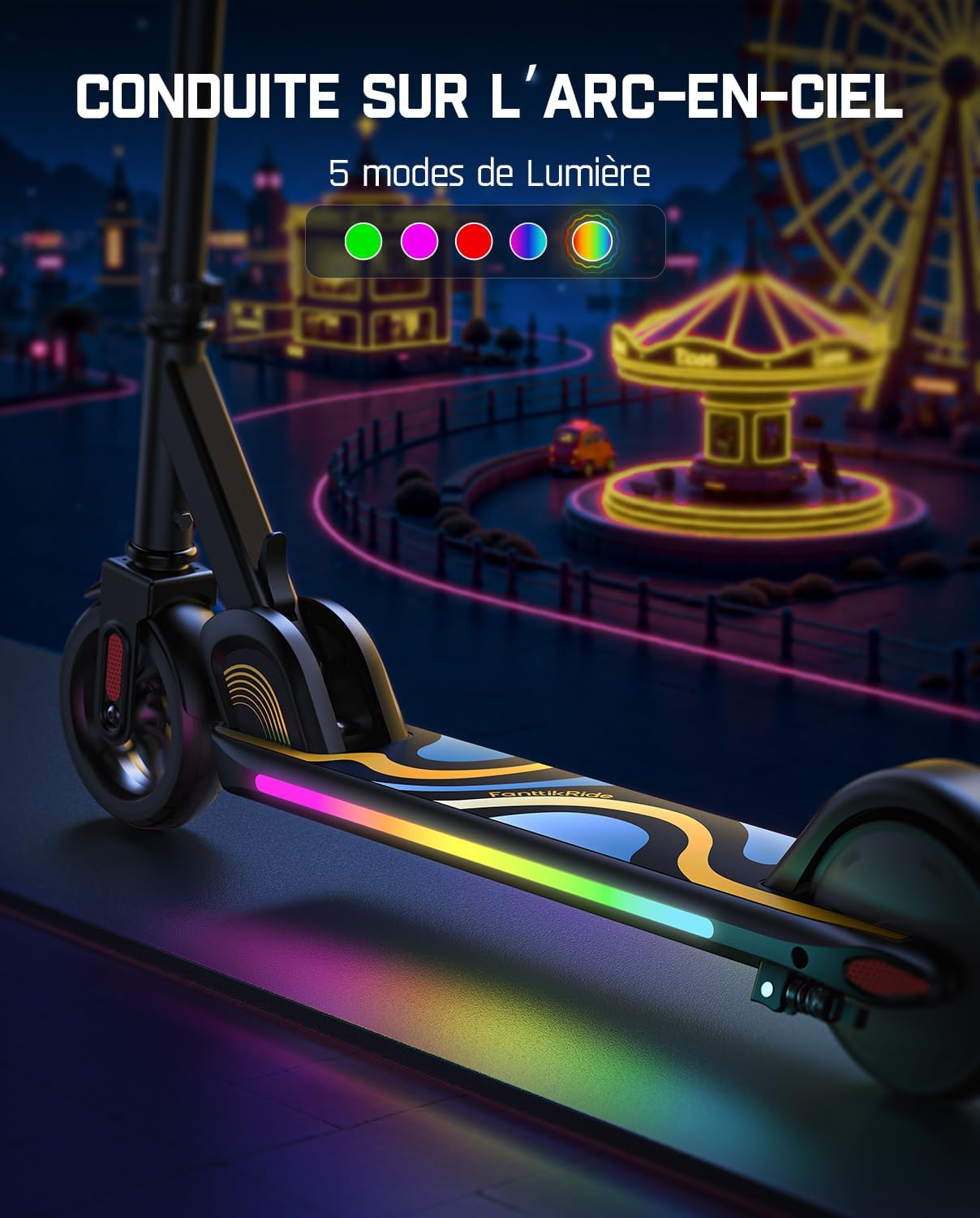 Detalle 2 de FanttikRide C9 Pro trottinette électrique enfant 1,2–1,6 m, lumières arc-en-ciel, vitesses 8/13/16 km/h