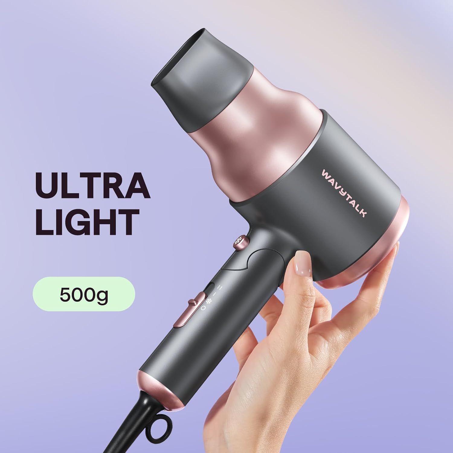 Detalle de Wavytalk Portable Hair Dryer with Diffuser (1600W, Foldable Mini) in Rose Pink