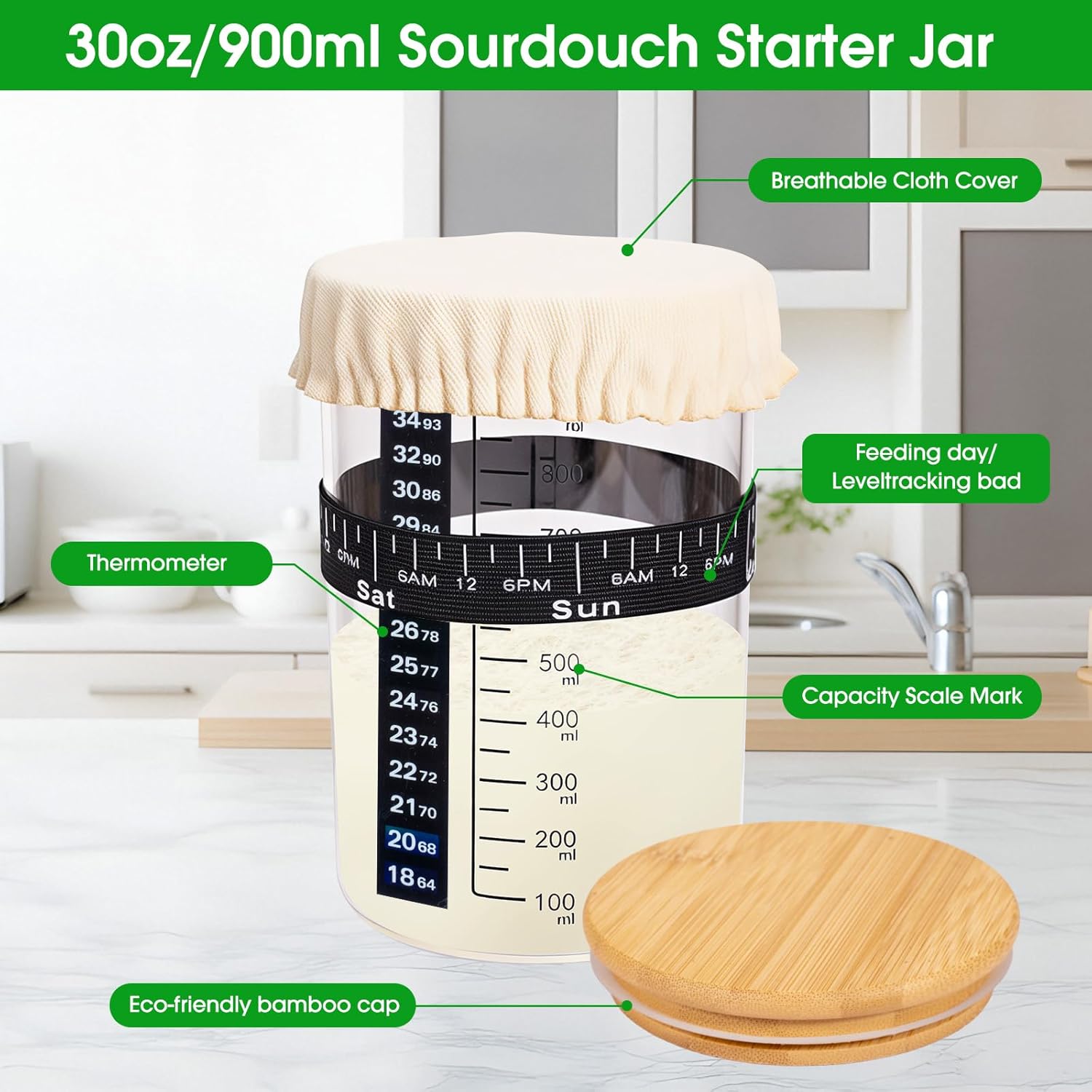 Detalle de 2-Pack 900ml Glass Sourdough Starter Jar Kit with Date Feeding Band, Thermometer & Cloth Cover