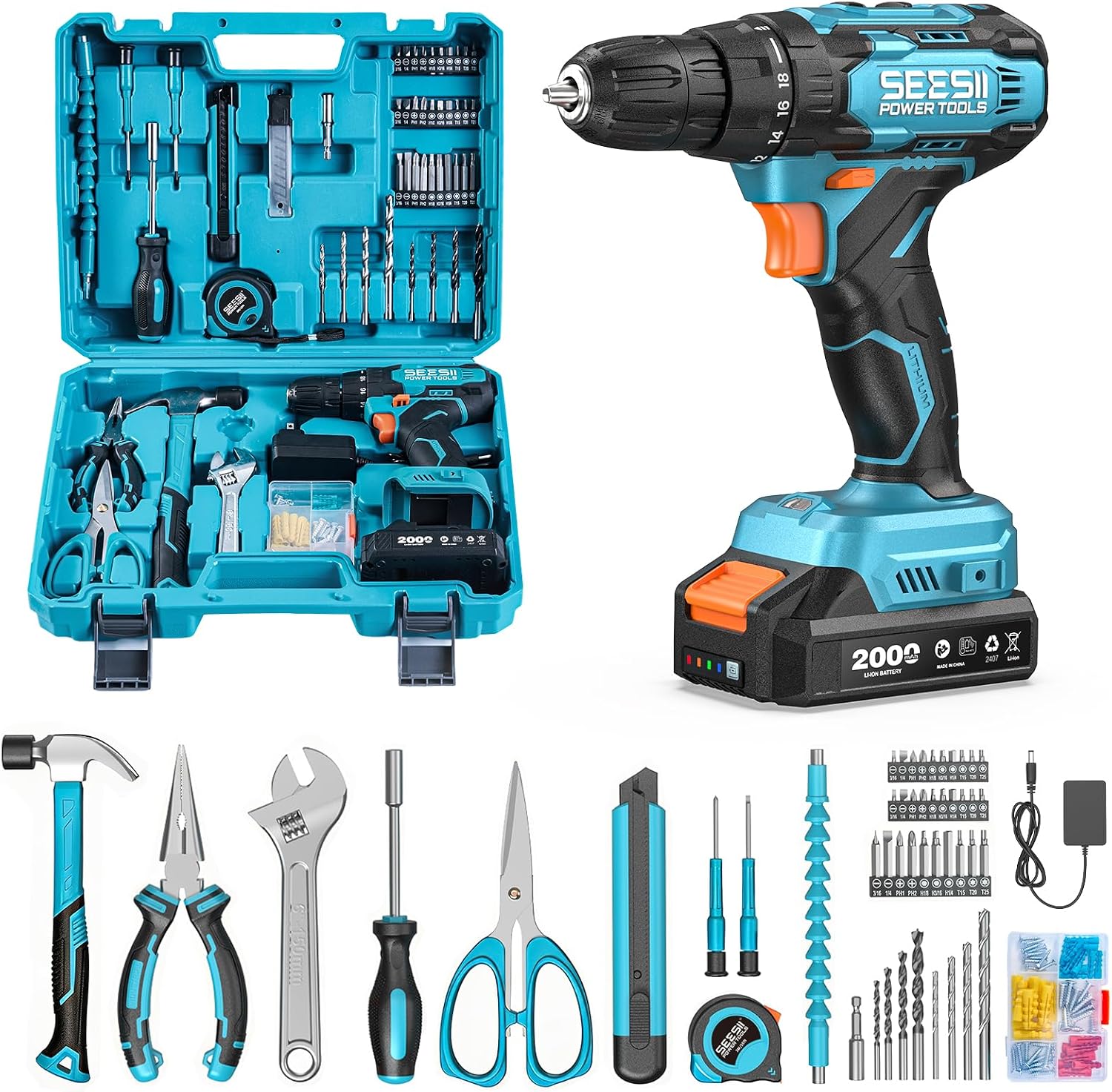 Detalle de Seesii E1313 20V Cordless Drill Set, 183-Piece Kit with 40 Nm Torque