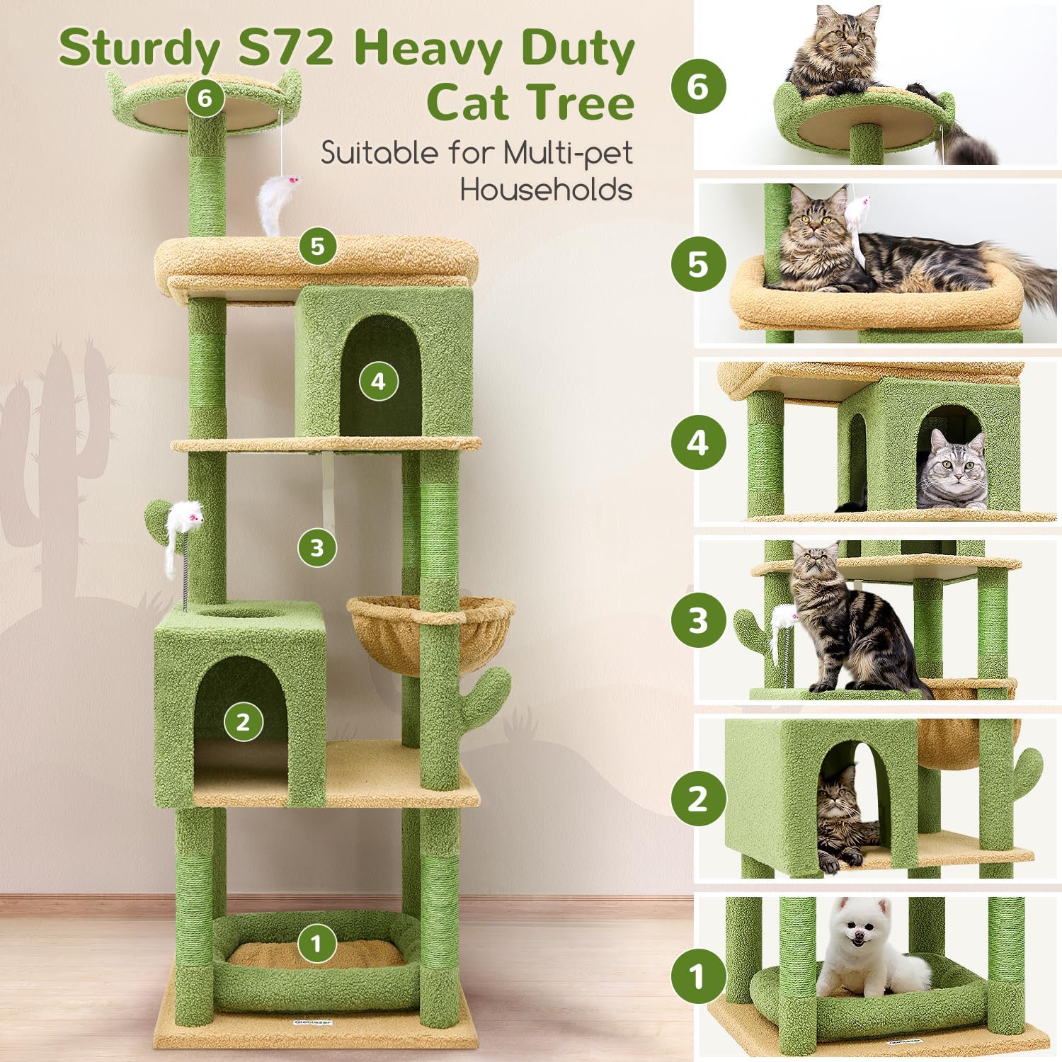 Detalle de Globlazer XXL Kratzbaum Grün (S72) für große Katzen & Mehrkatzen – 183 cm mit 2 Katzenhöhlen