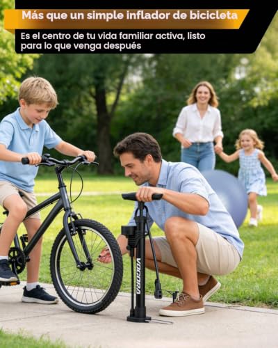 Detalle 2 de VOGORA bomba de bicicleta plegable con manómetro y válvulas Presta y Schrader