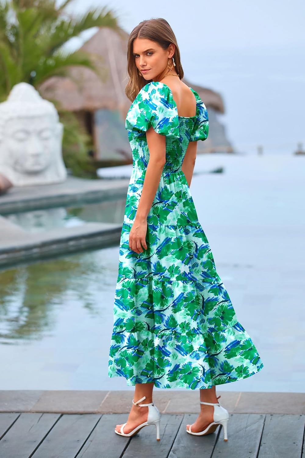 Detalle 2 de PRETTYGARDEN Women’s Casual Summer Midi Dress with Smocked Bodice, Tiered Ruffles & Square Neck