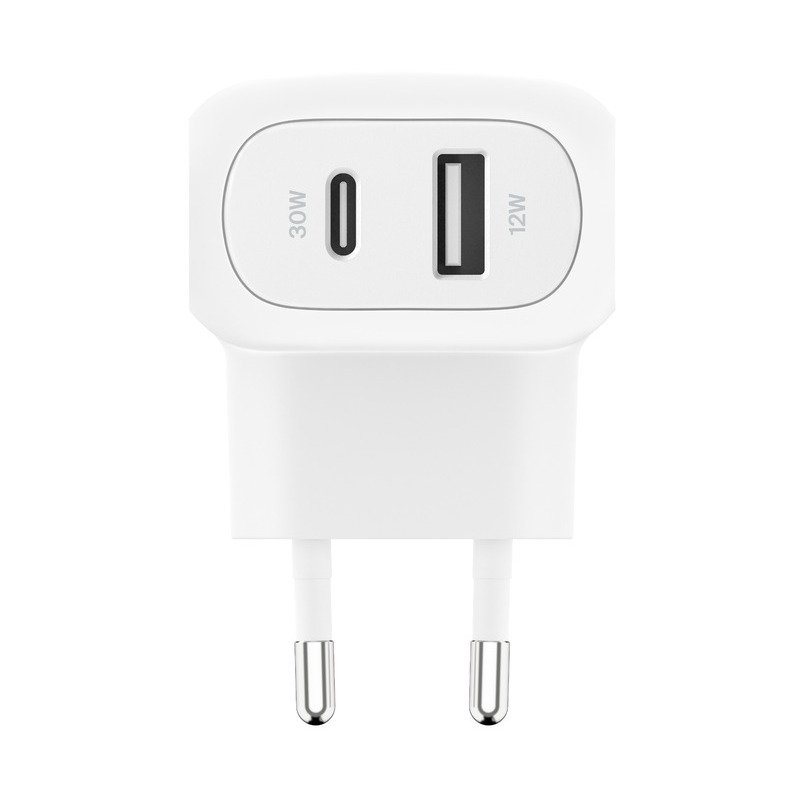 Detalle 2 de Belkin BoostCharge Cargador de Pared Doble 42 W (1x USB-C PD 3.0 30 W + 1x USB-A 12 W) – Blanco