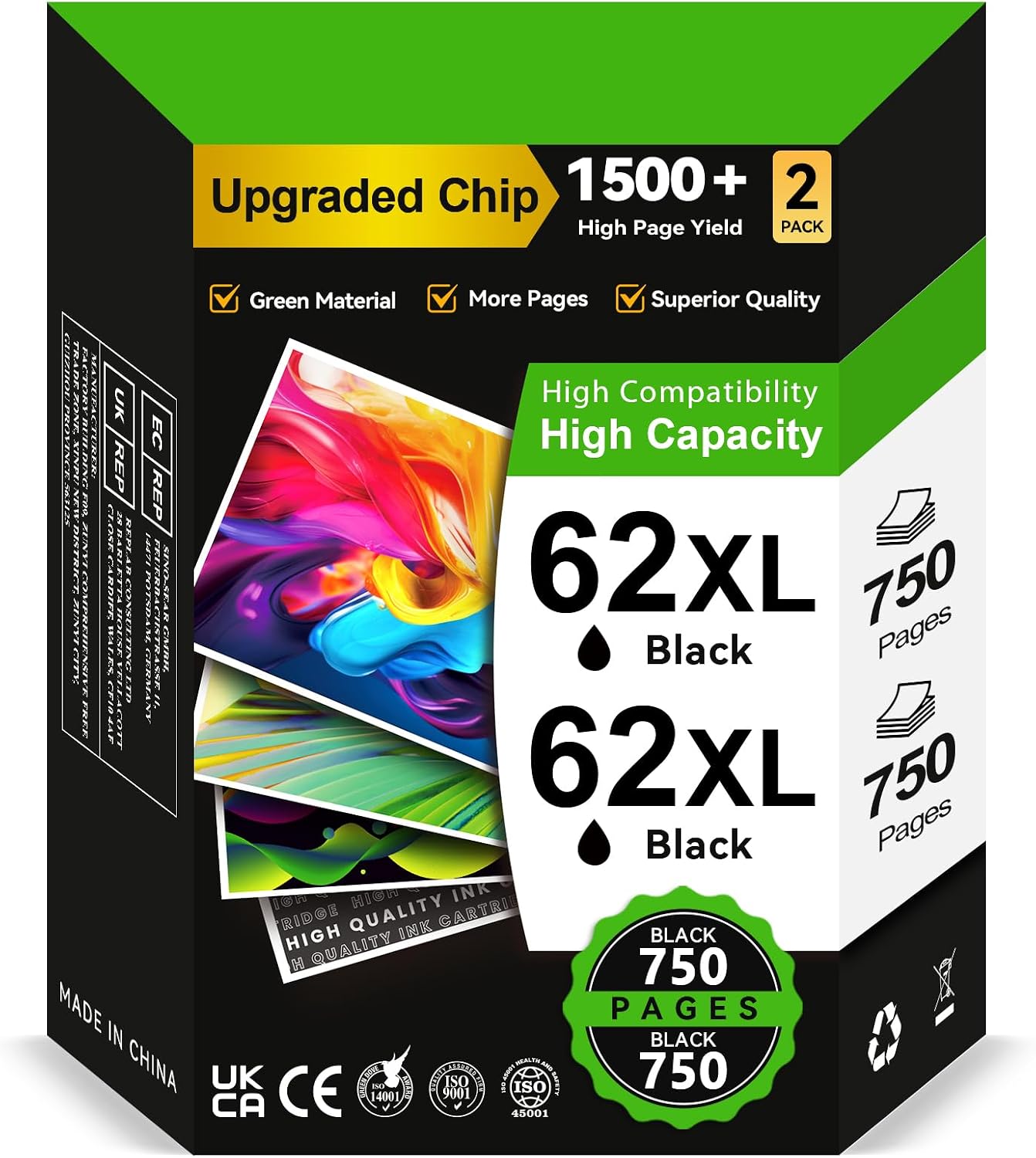 Detalle de INKYEAH 62XL High Yield Black Ink Cartridges – 2 Pack (HP 62XL) for Envy and OfficeJet