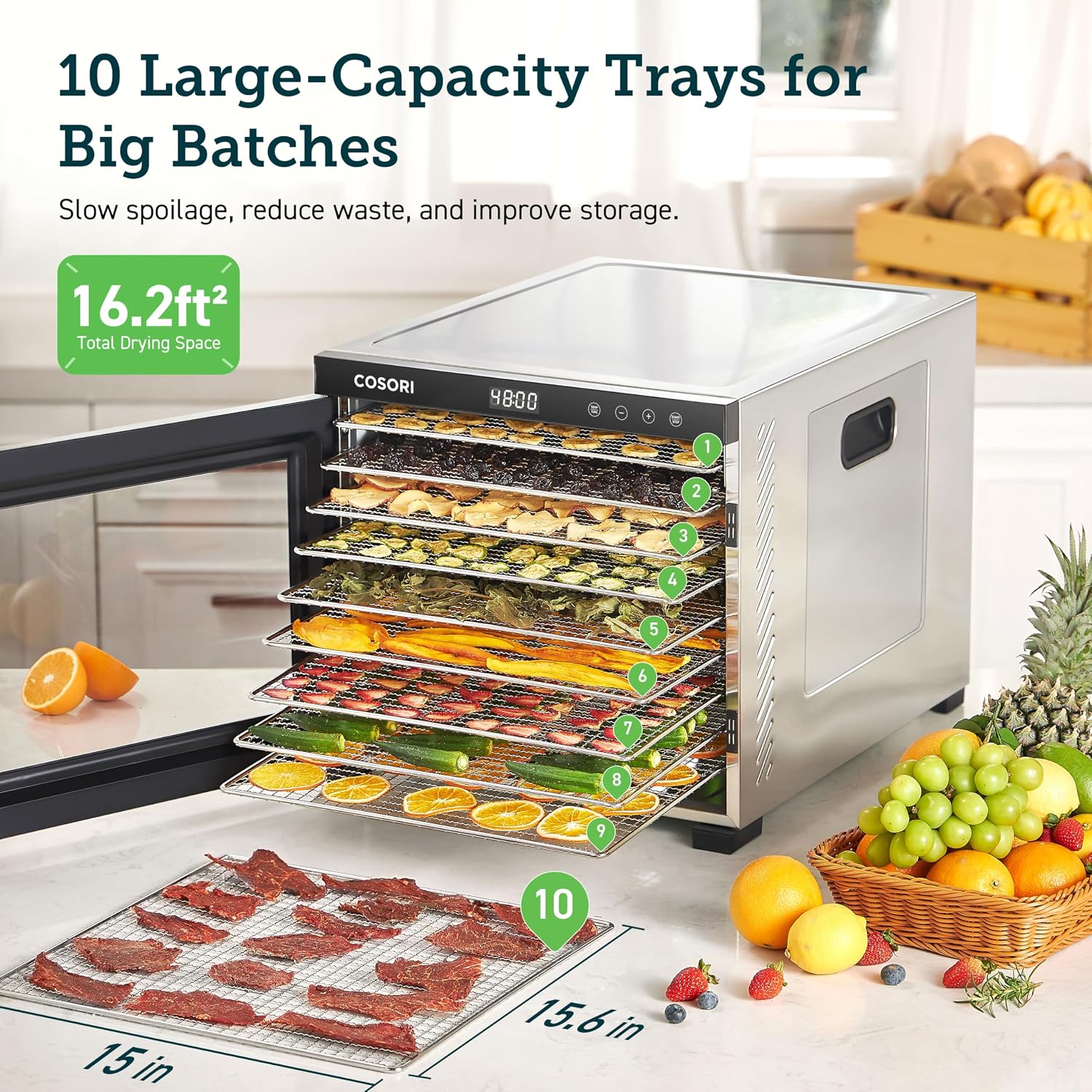 Detalle de COSORI Food Dehydrator for Jerky with 10 Trays, 165°F, 48-Hour Timer, 1000W, 16.2 ft² Drying Space