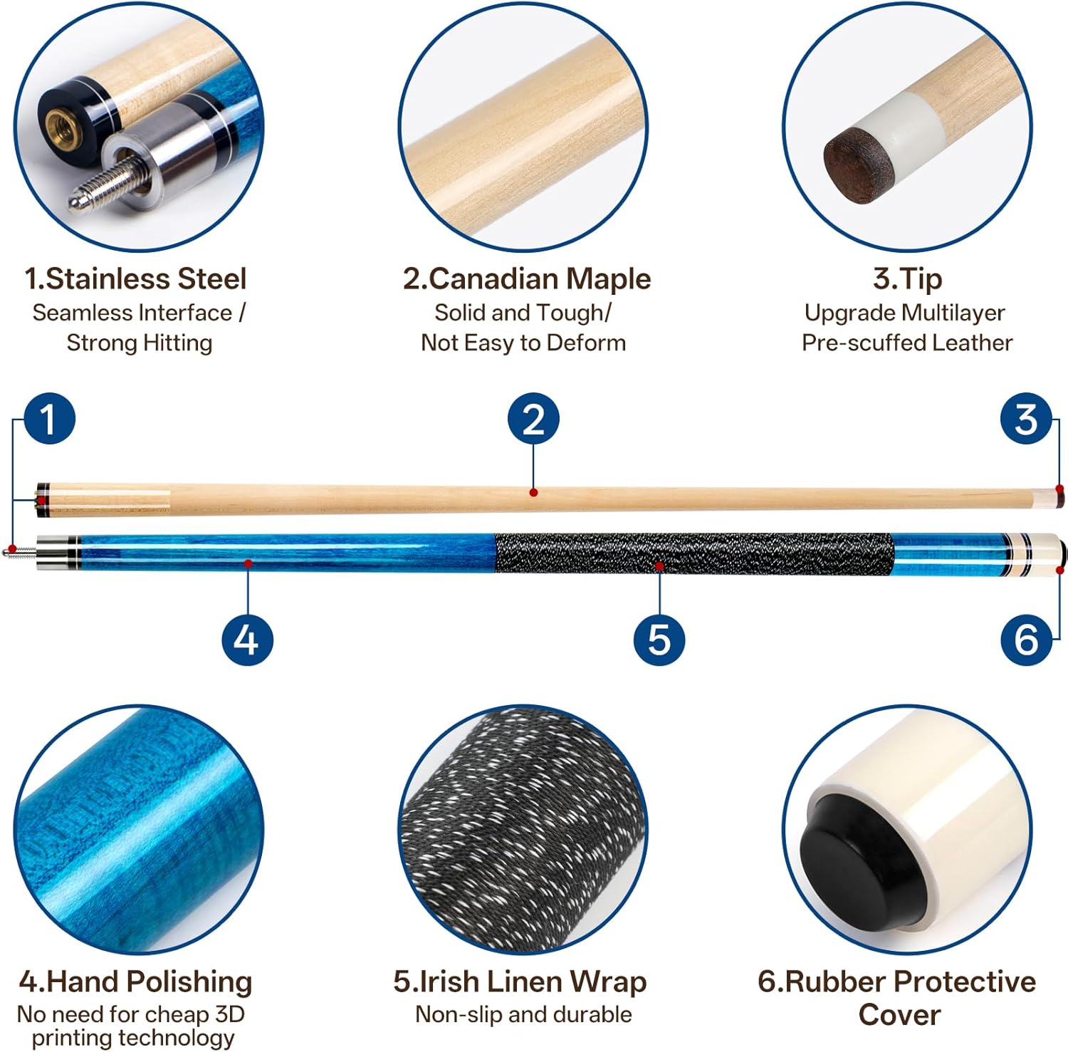 Detalle de AKLOT Pool Cues 58" Canadian Maple Cue 20 oz 🎱