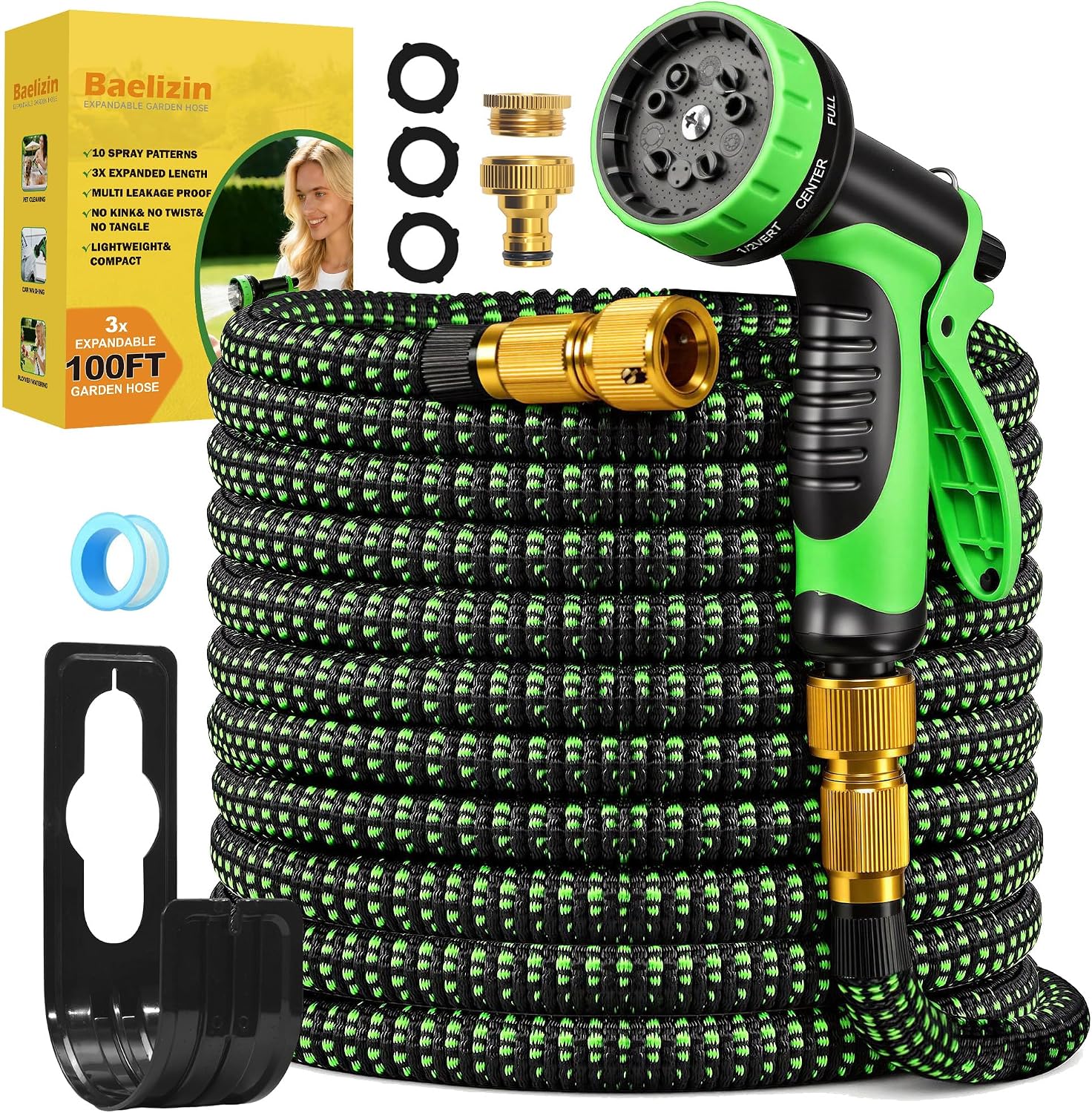 Detalle de Expandable Garden Hose Pipe 100FT with 10-Pattern Nozzle – Leak-Proof, Retractable & Kink-Free