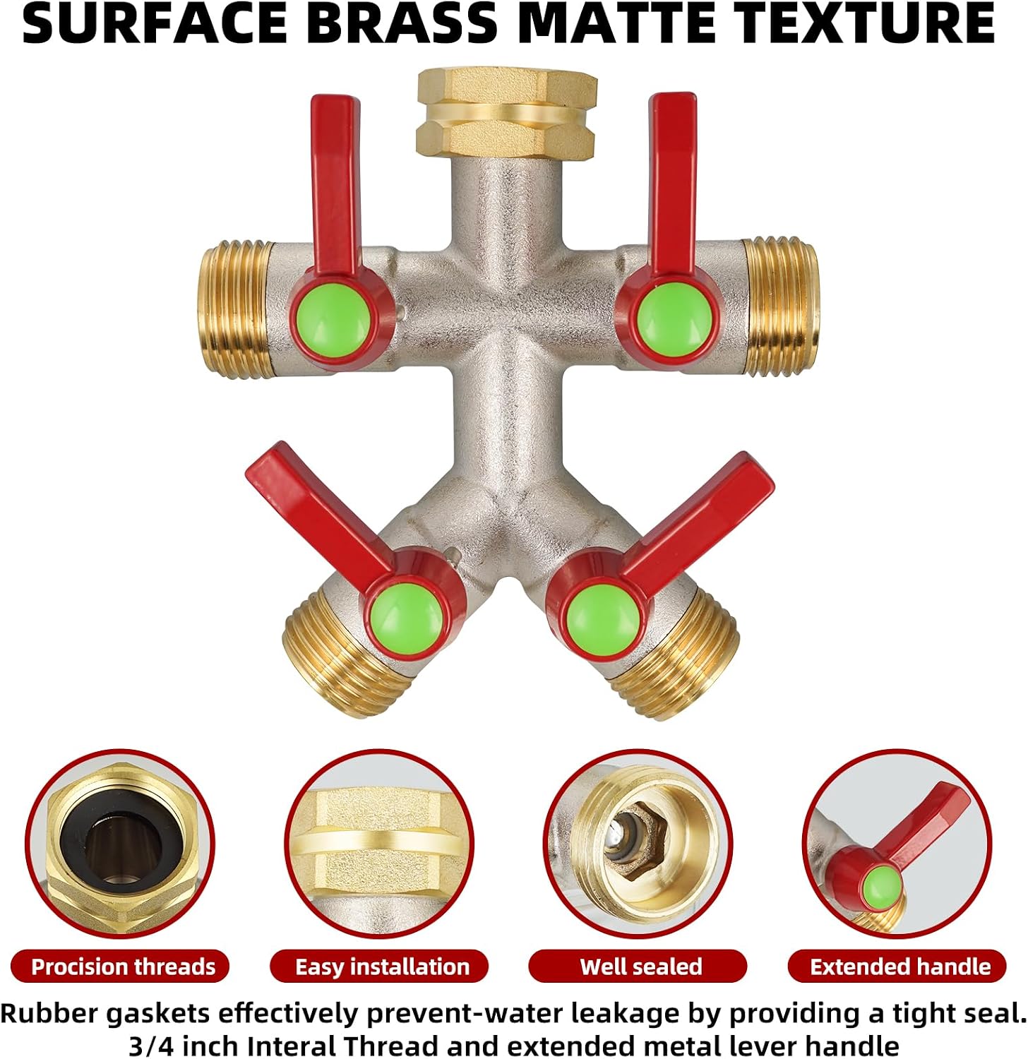 Detalle 1 de DINGBAI Garden Hose Splitter 4-Way, Brass, Full-Flow Valves, 3/4-inch GHT