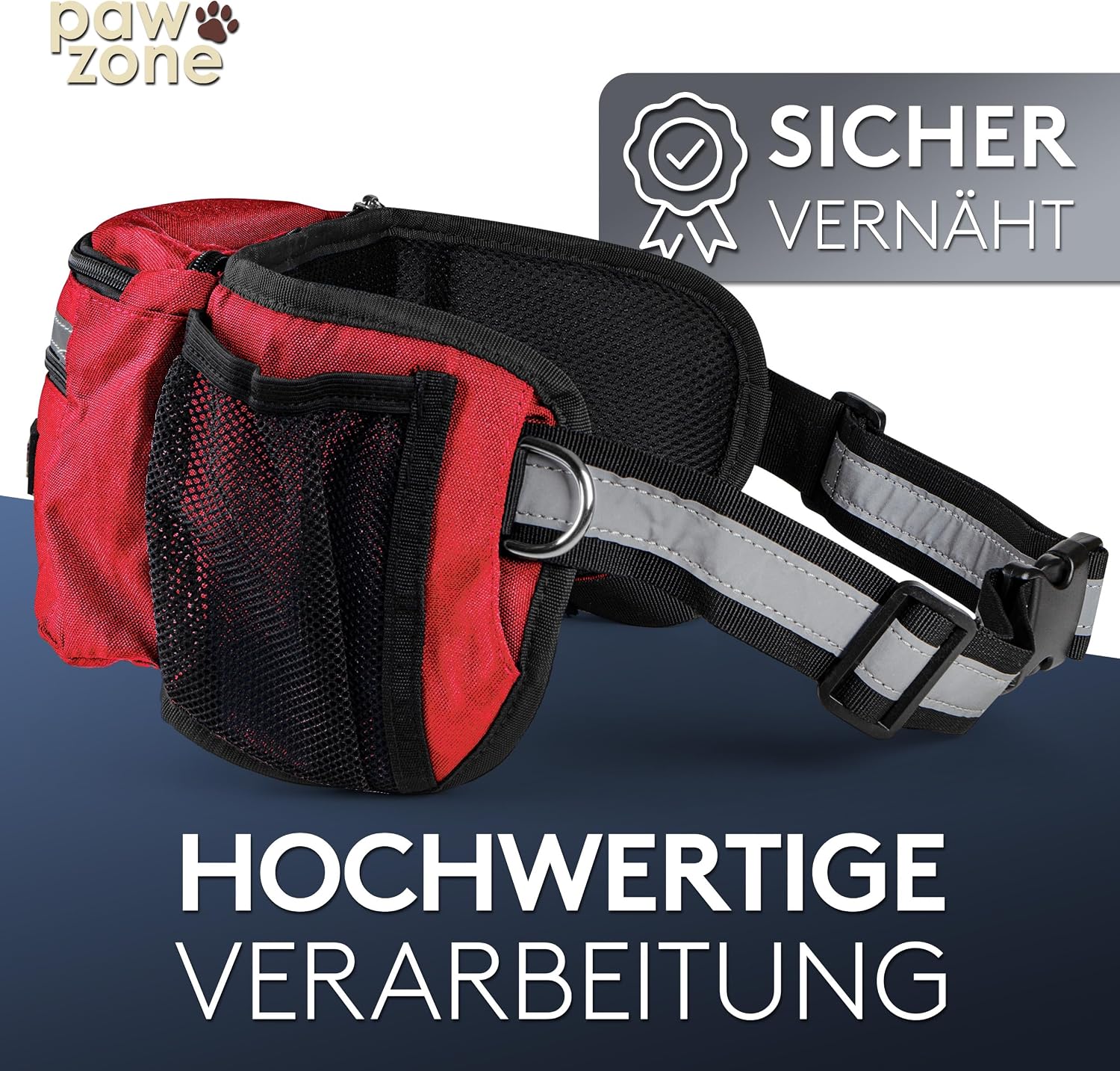 Detalle de PAWZONE Leckerlibeutel für Hunde mit Bauchtasche, Reflektorband & Zusatzgurt für Flexileine (Feuerrot)