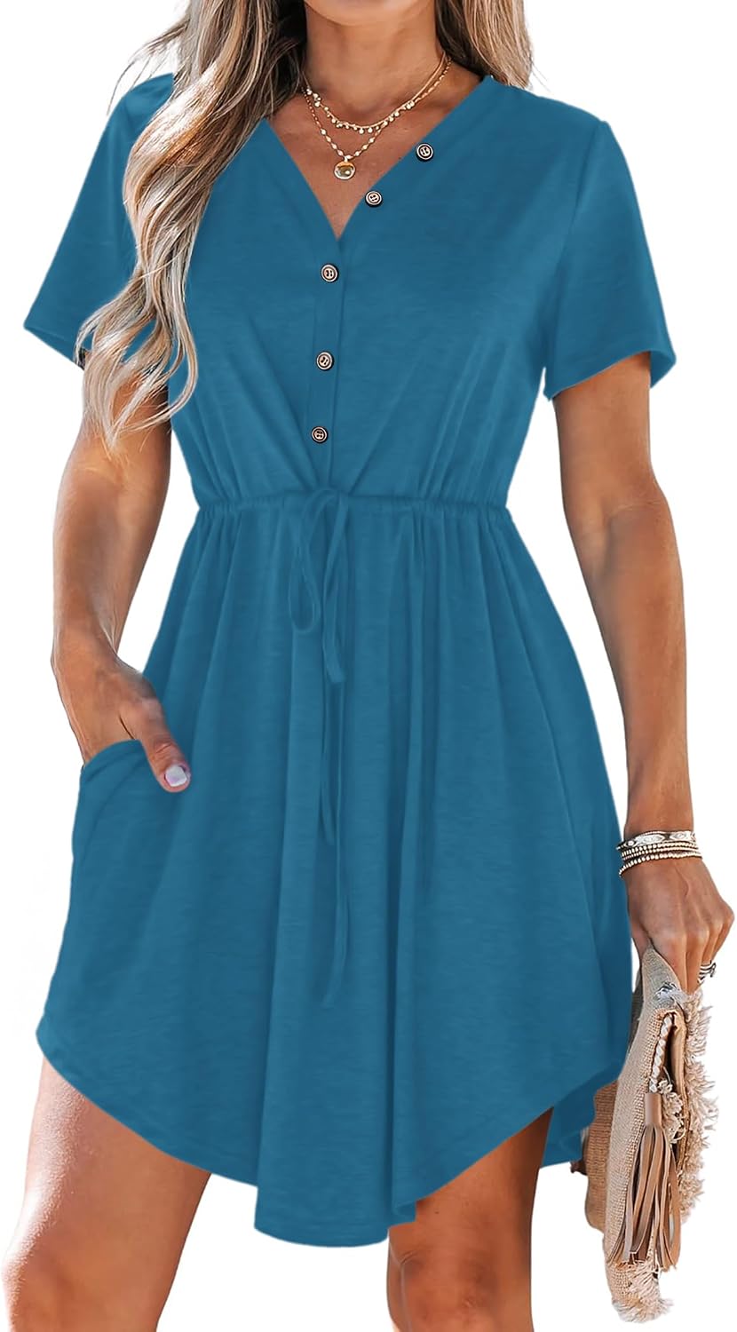 Detalle de MISFAY Women's Summer V-Neck Mini Dress with Short Sleeves, Pockets and Drawstring