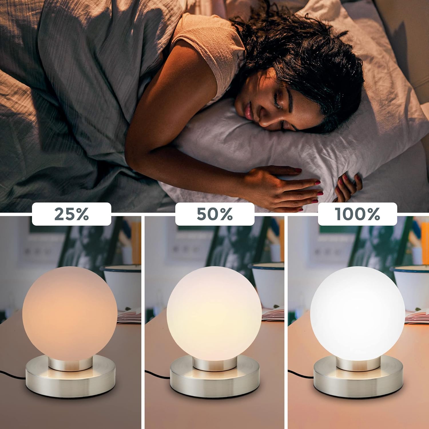 Thumbnail 3 de B.K.Licht Nachttischlampe mit Touch – dimmbar, E14, Glaskugel Weiß, matt-nickel