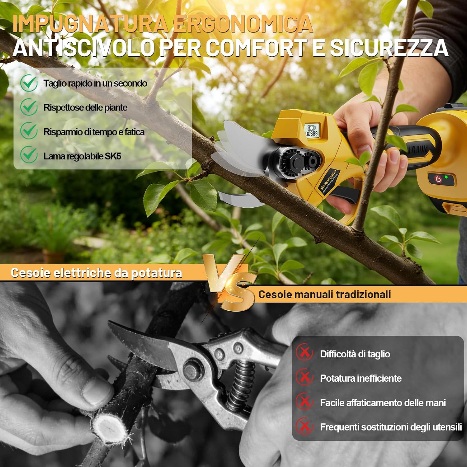 Detalle 2 de SundpeyPRO Forbici Potatura Elettriche: doppia batteria, taglio fino a 30 mm, motore brushless