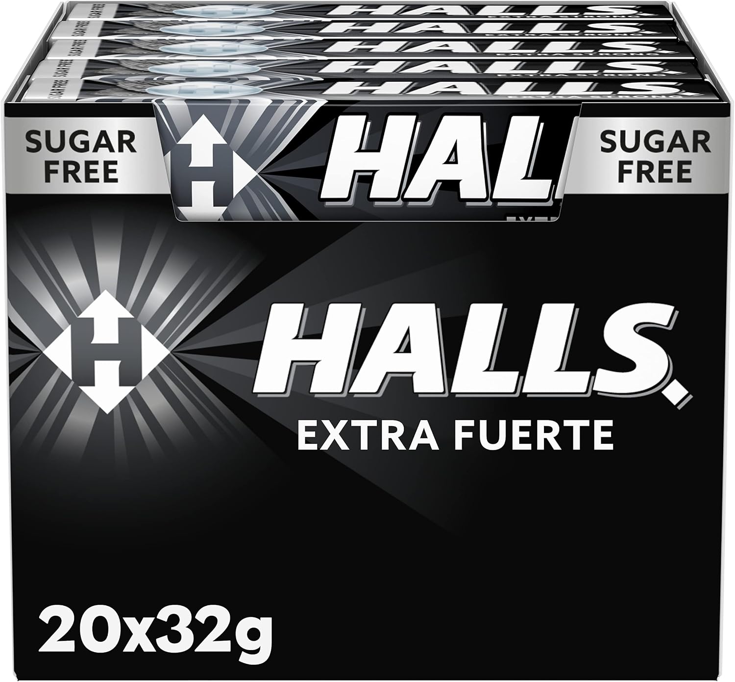 Halls Menta Fuerte, Caramelo Sin Azúcar, Caja de 20 Sticks de 32 g