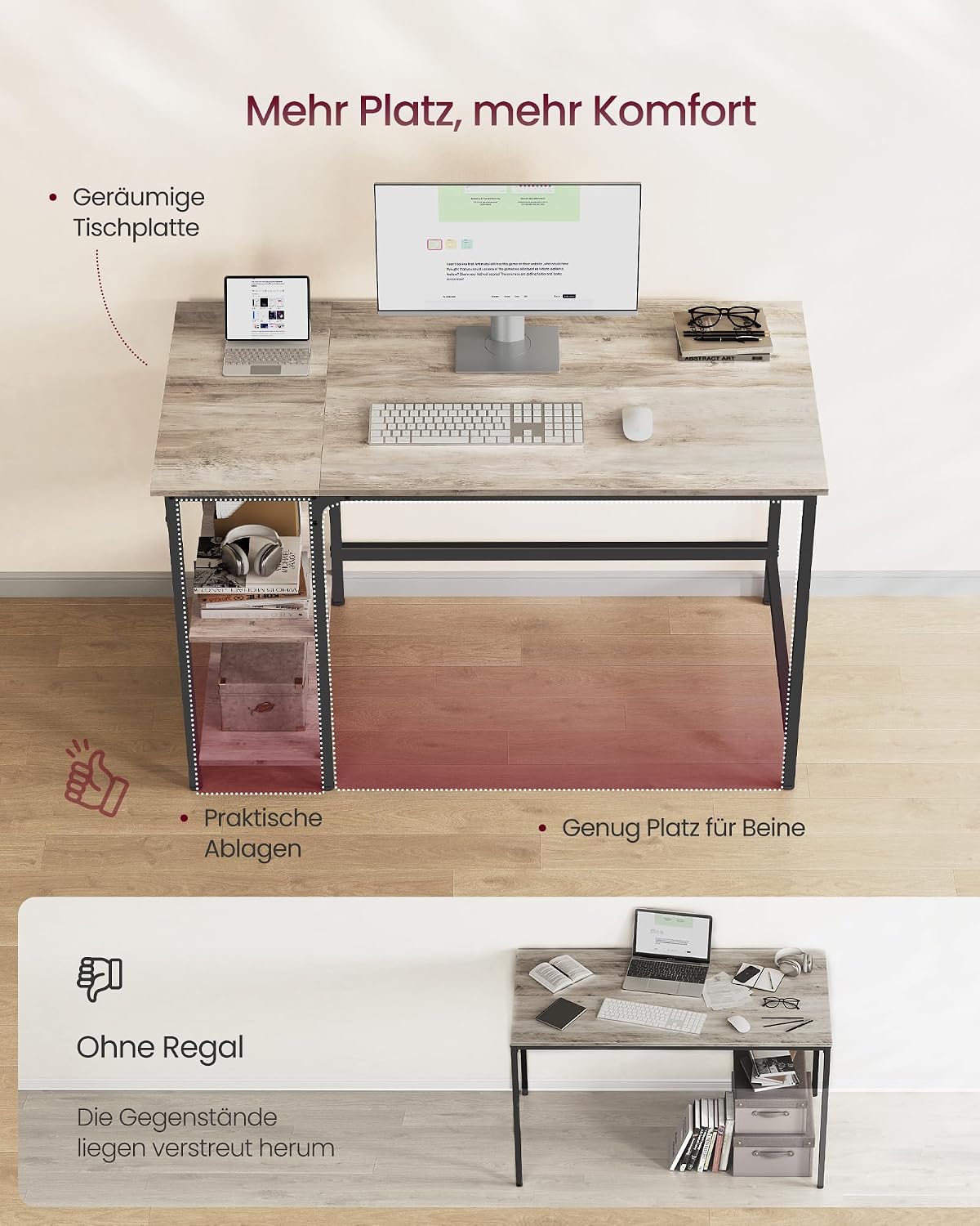 Detalle 2 de VASAGLE Tisch LWD47MB – Computertisch, 120 x 60 cm, Greige-Schwarz