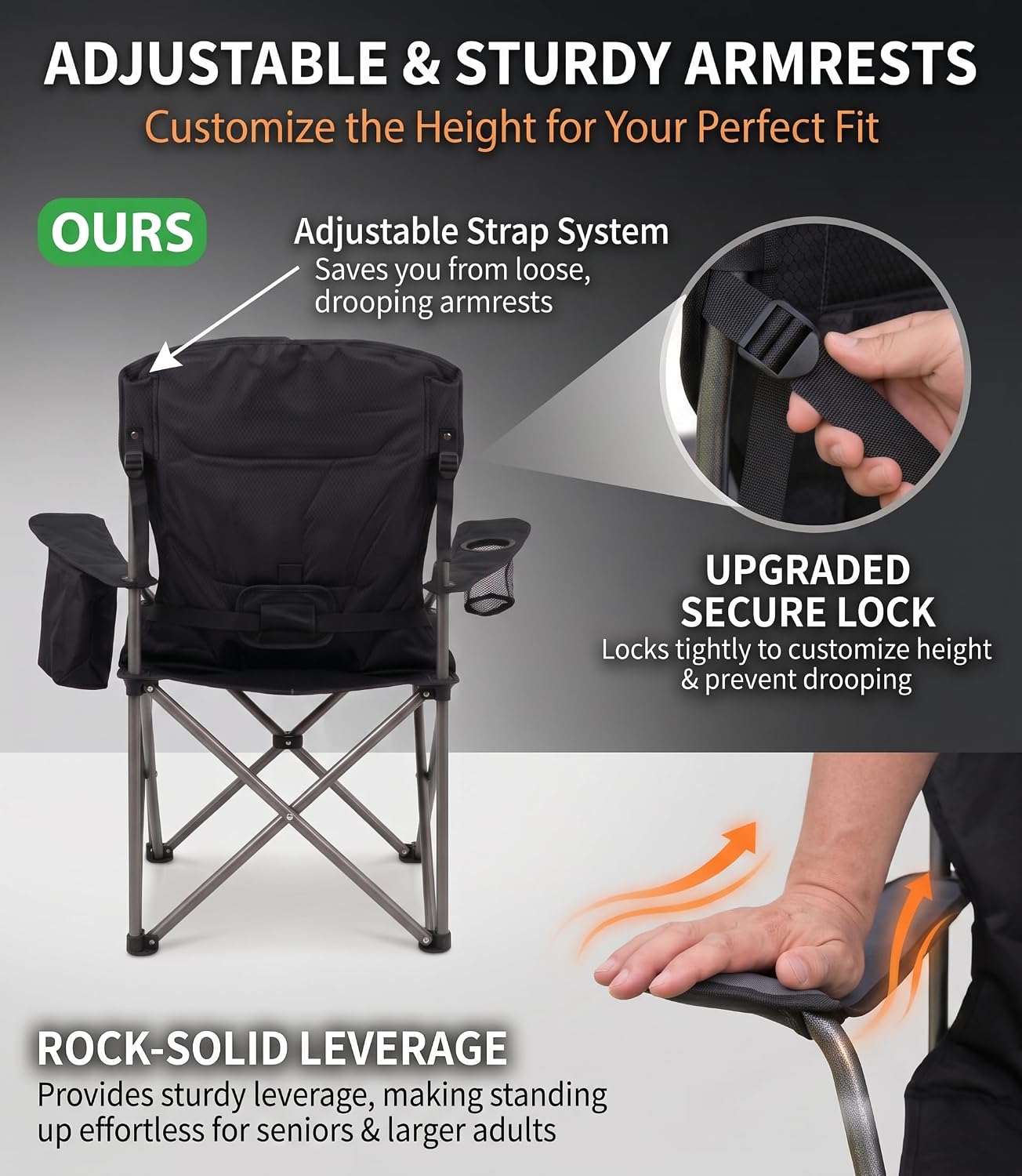 Detalle de FAIR WIND 2-Pack Fully Padded Oversized Camping Chairs with Adjustable Lumbar Support, Cooler Bag & Cup Holder (500 lbs Capacity)