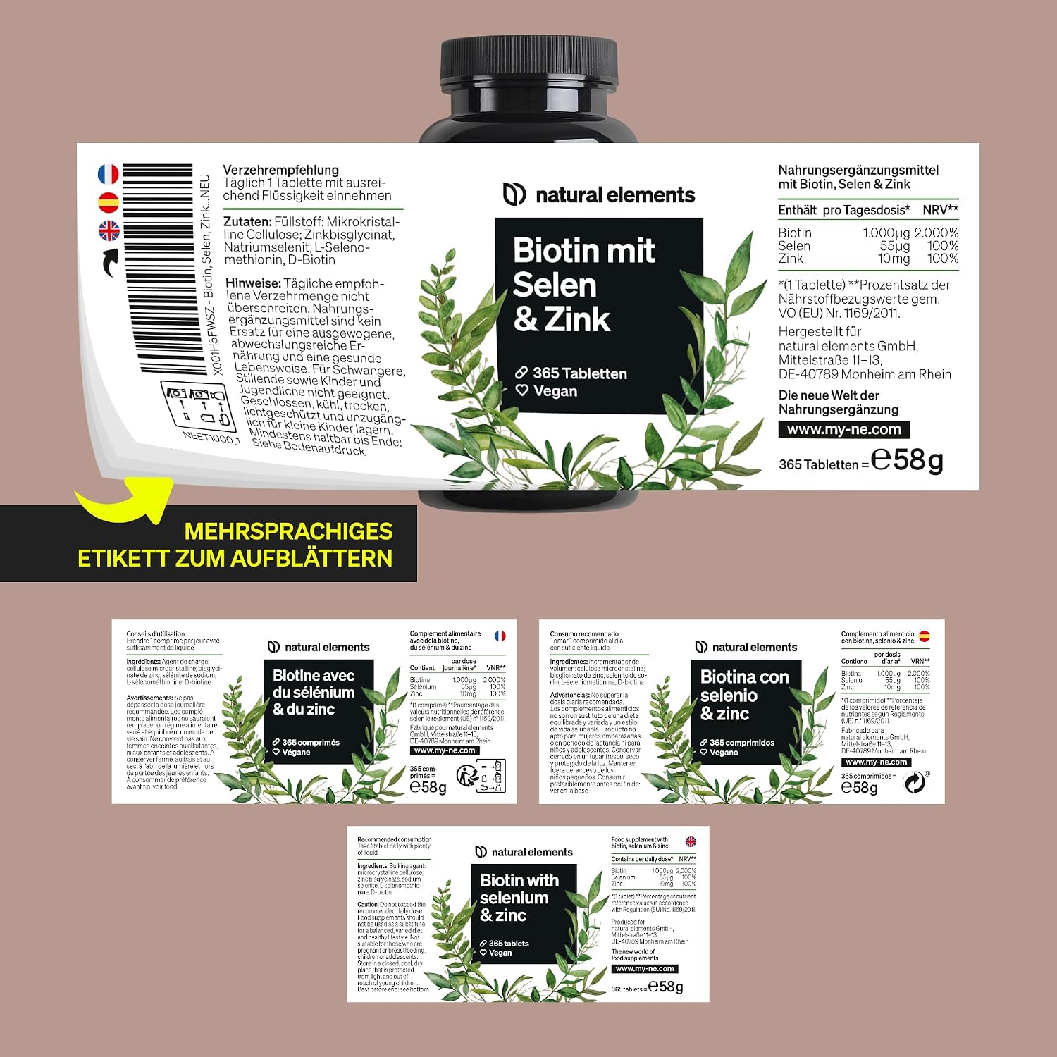 Detalle 2 de natural elements Biotin + Selen + Zink 365 Tabletten đ