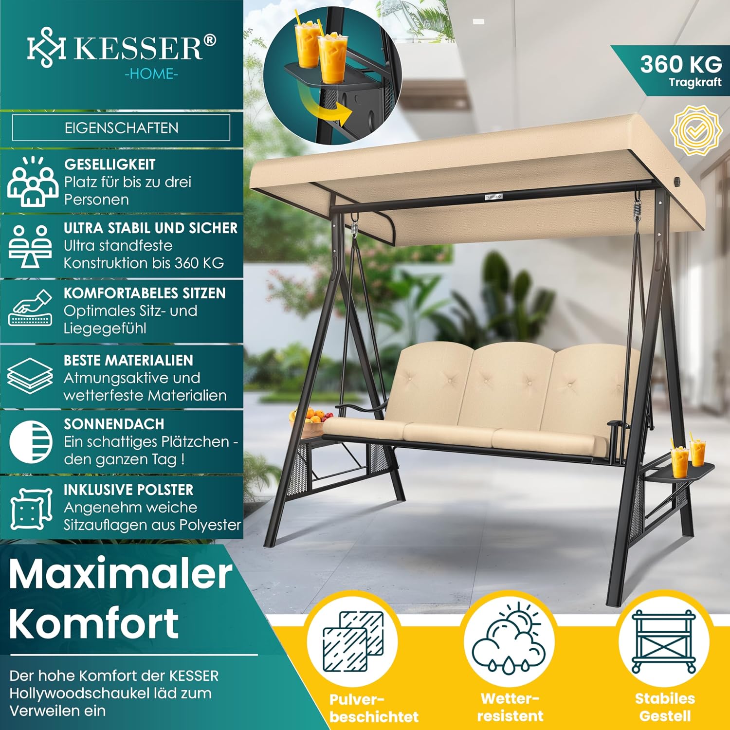 Detalle de KESSER® Hollywoodschaukel mit Sonnendach 3-Sitzer – wetterfest, komfortabel und vielseitig
