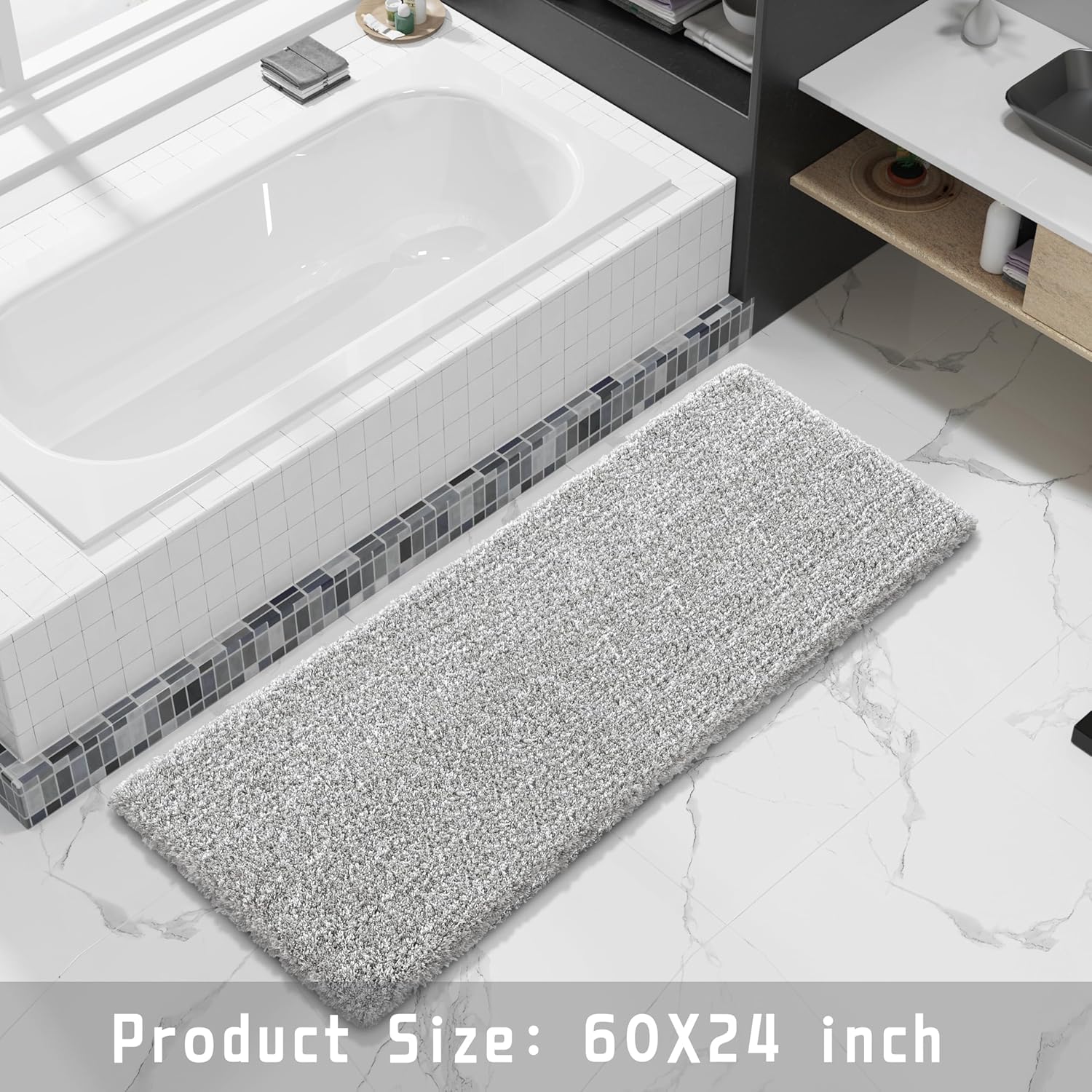 Thumbnail 5 de Yimobra Luxury Bathroom Rugs Fluffy Bath Mats (Non Slip, Plush Microfiber) 60"x24" Light Gray & White