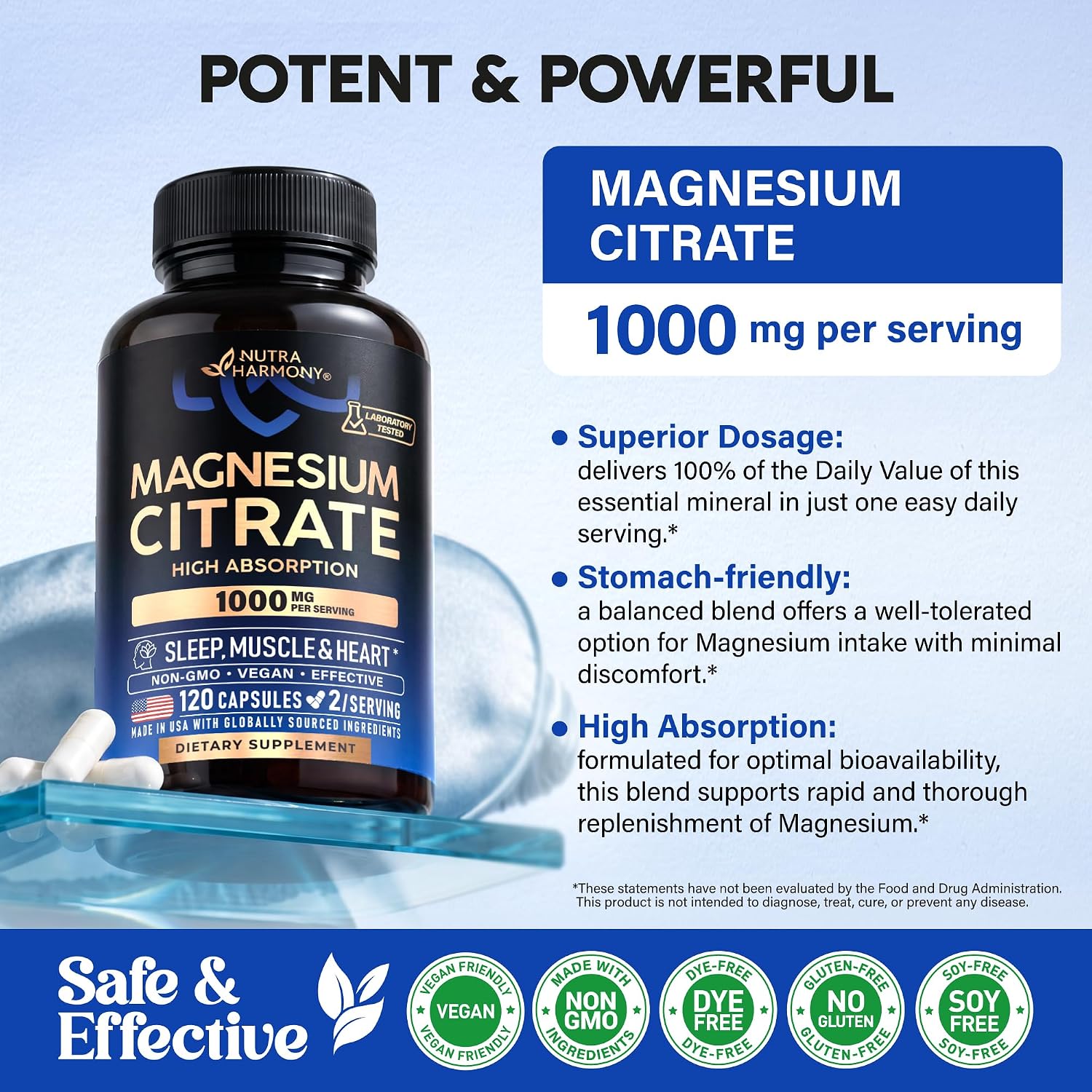 Detalle 2 de NUTRAHARMONY NH-MGCTRTCPS120 Magnesium Citrate Capsules, 1,000 mg, Vegan