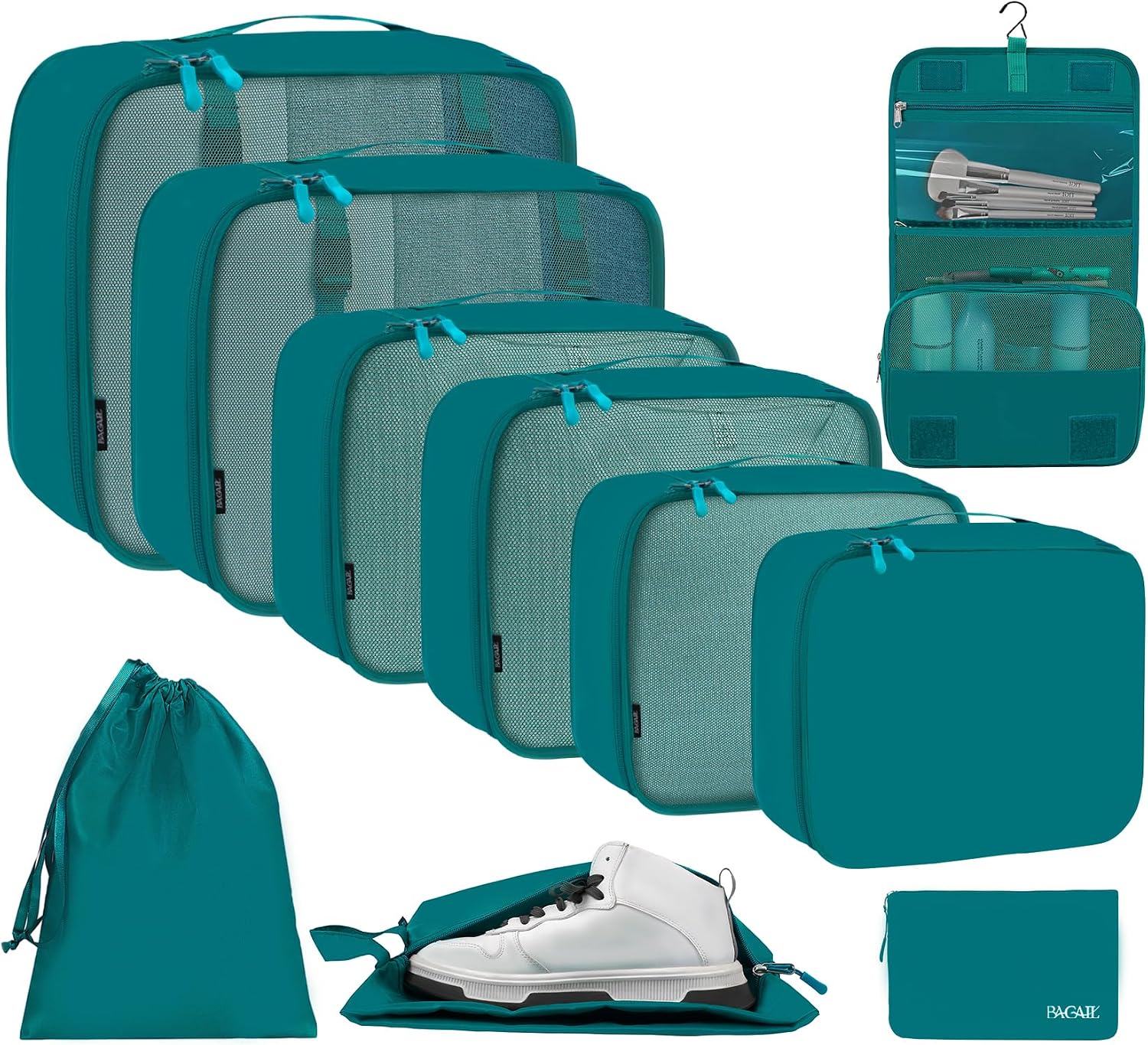 Detalle de BAGAIL 10er-Set Packwürfel in verschiedenen Größen (Packorganizer) – Blaugrün