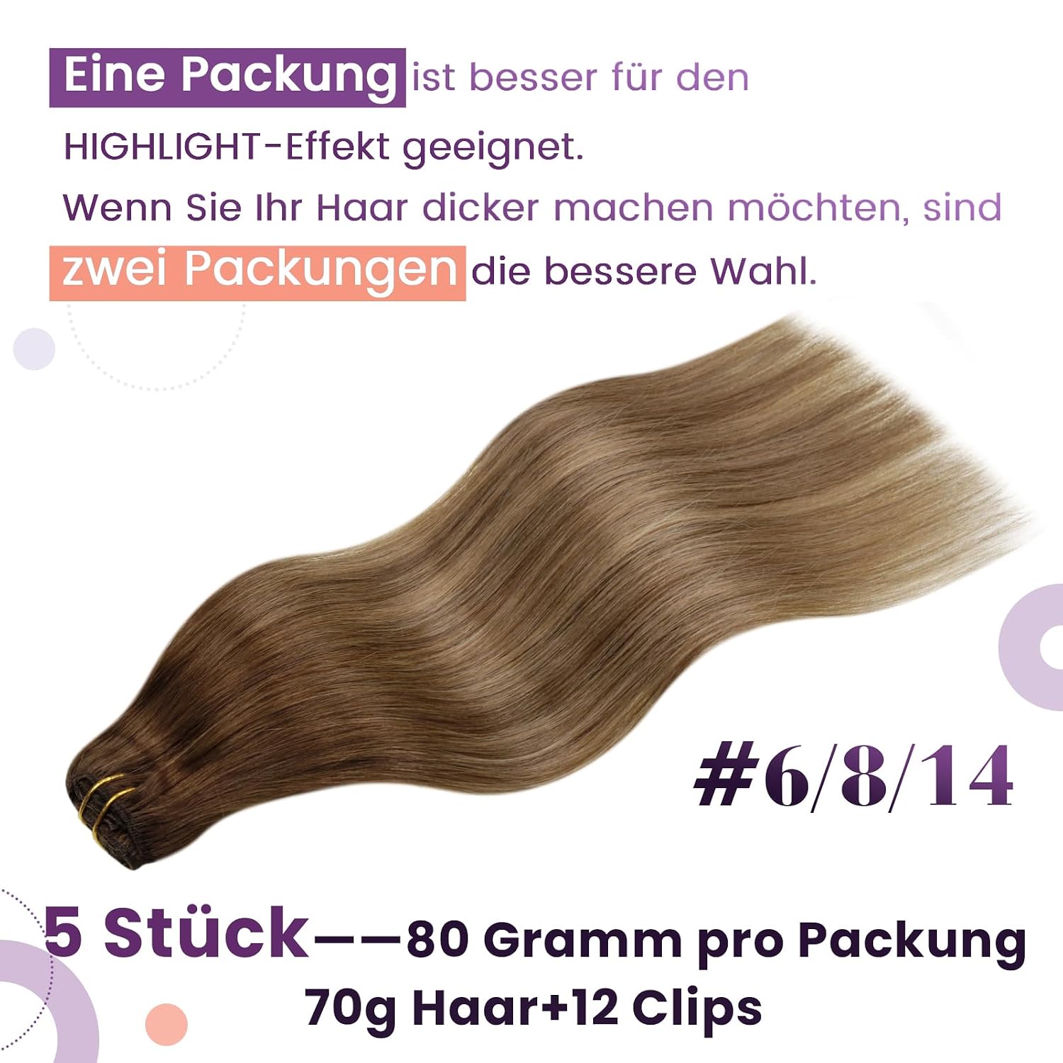 Thumbnail 2 de LaaVoo Echthaar Clip-in Extensions – Aschiges Hellbraun, 30 cm, 5 Stück, Remy Menschenhaar