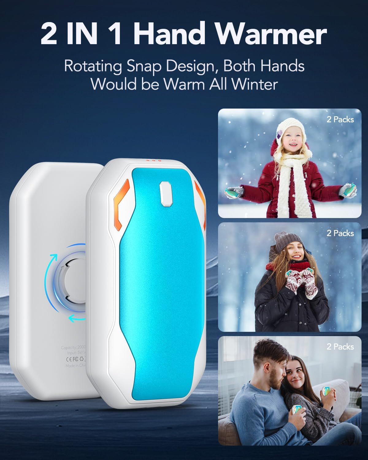 Thumbnail 2 de PHEJIE Rechargeable Hand Warmers 2 Pack: 6000mAh, 3 Heat Modes, USB-C Charging