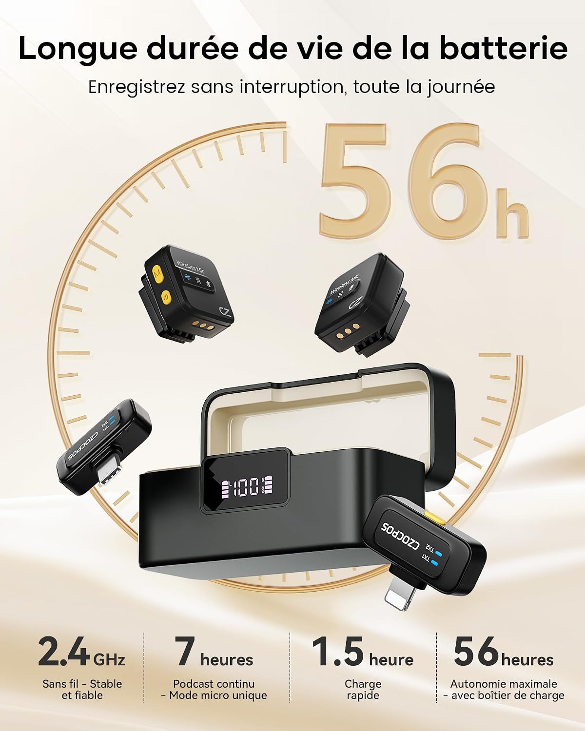 Thumbnail 3 de CZOCPOS Micro Cravate Sans Fil pour iPhone/iPad/Android — kit double micro avec réduction de bruit et autonomie longue